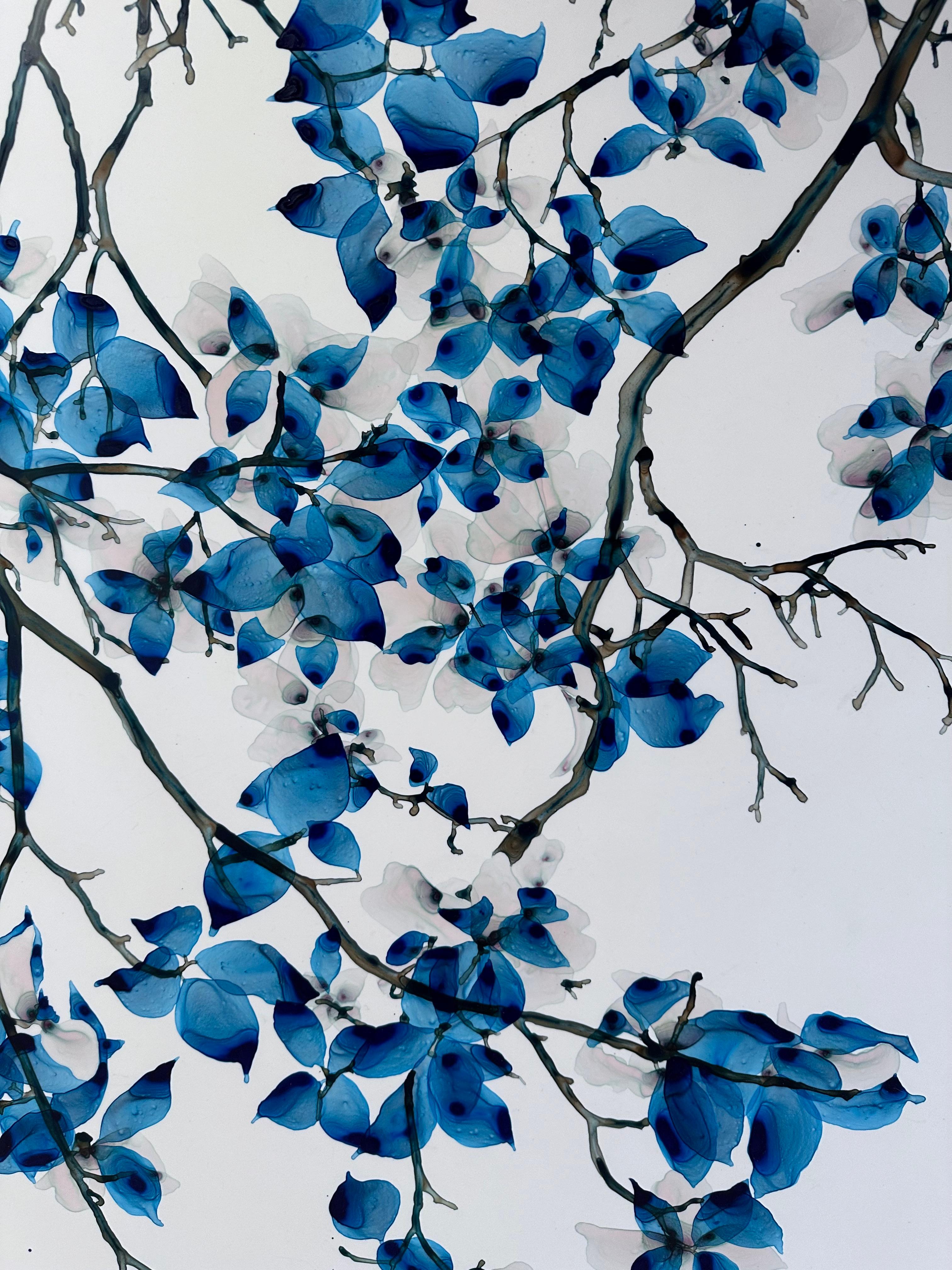 Peinture d'arbre botanique bleu vif, sarcelle, gris clair sur mylar 9