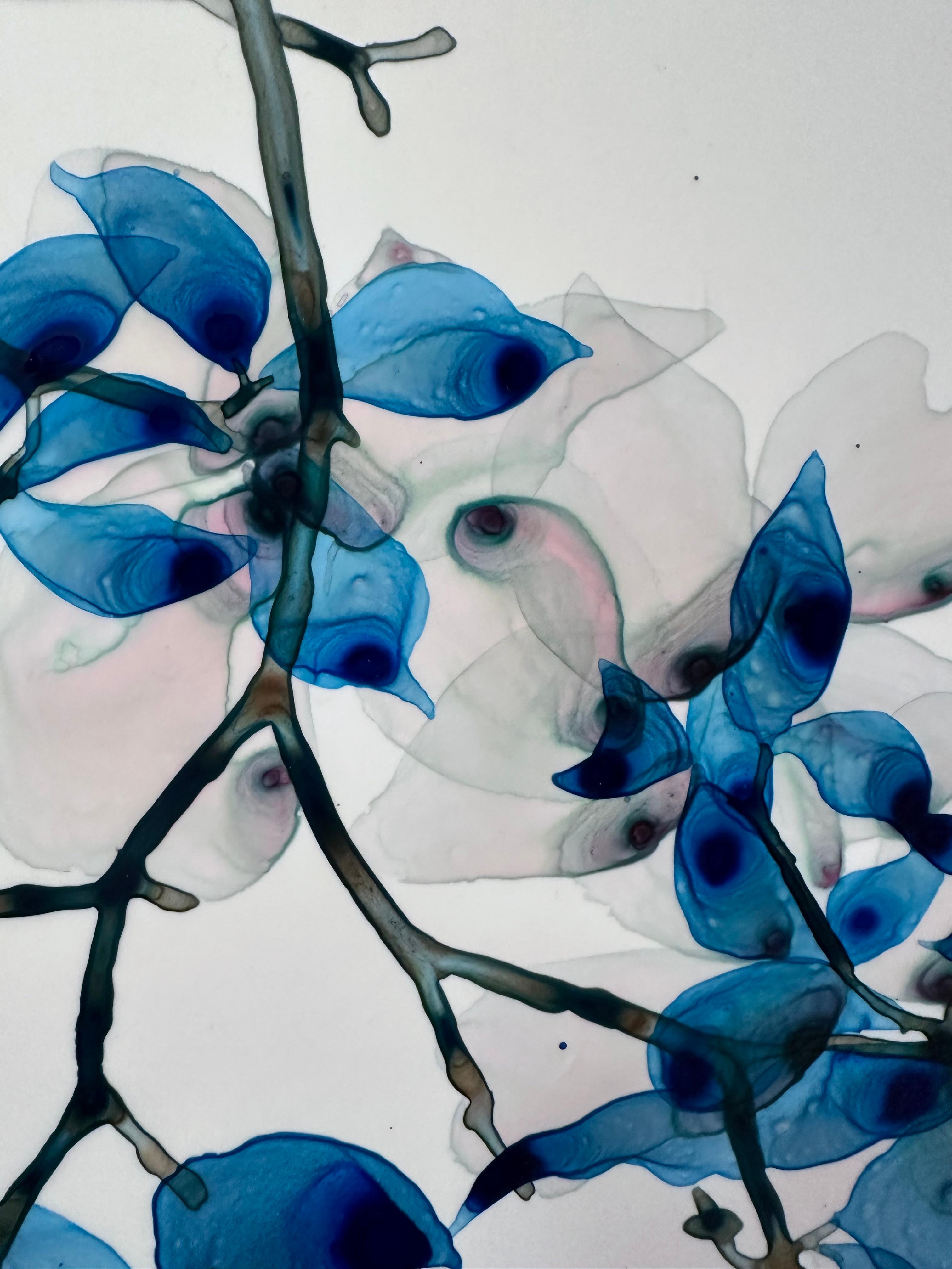 Peinture d'arbre botanique bleu vif, sarcelle, gris clair sur mylar 1