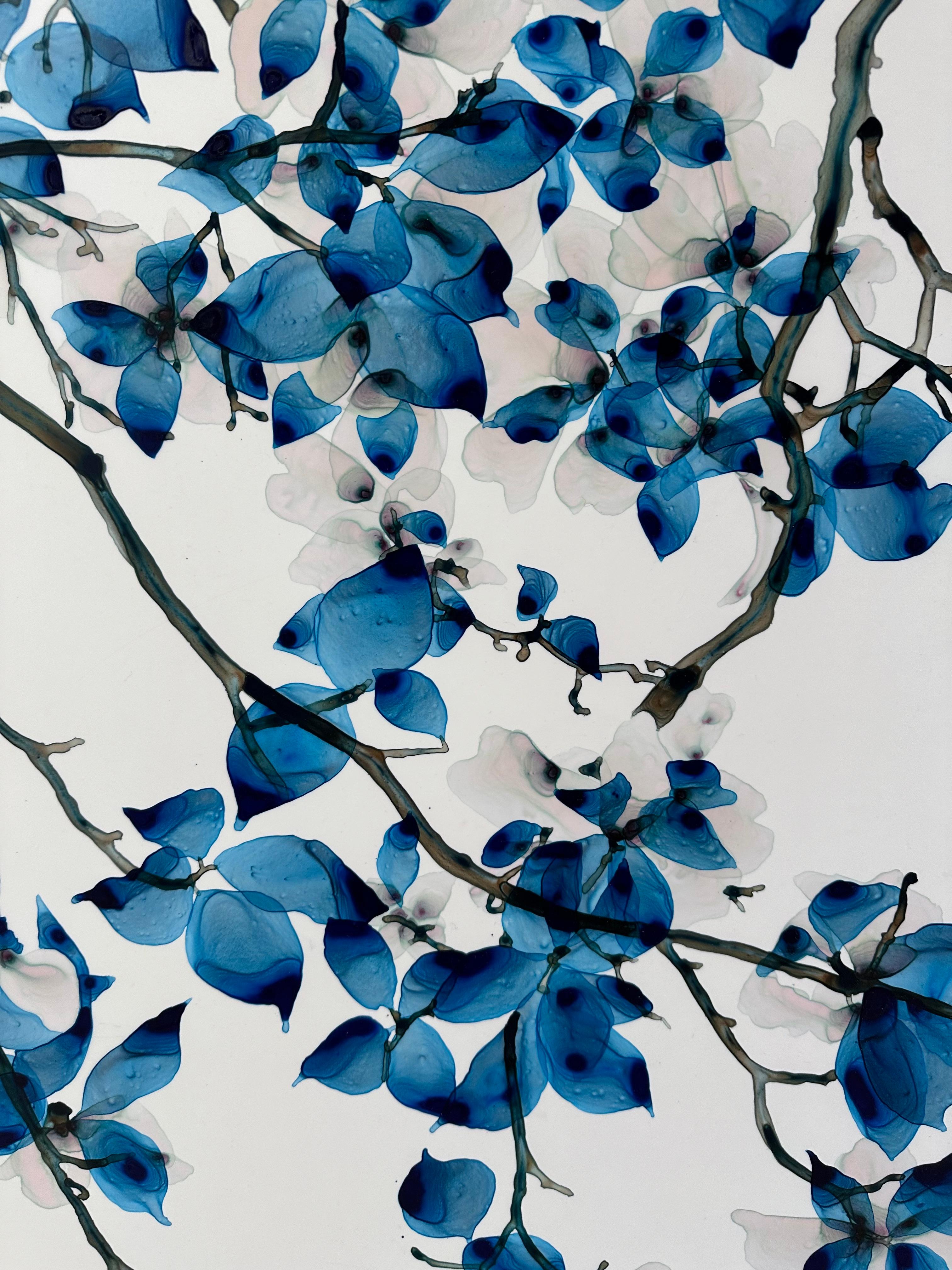 Sweet Ballad, Bright Blue, Teal, Light Gray Botanical Tree Painting On Mylar For Sale 6