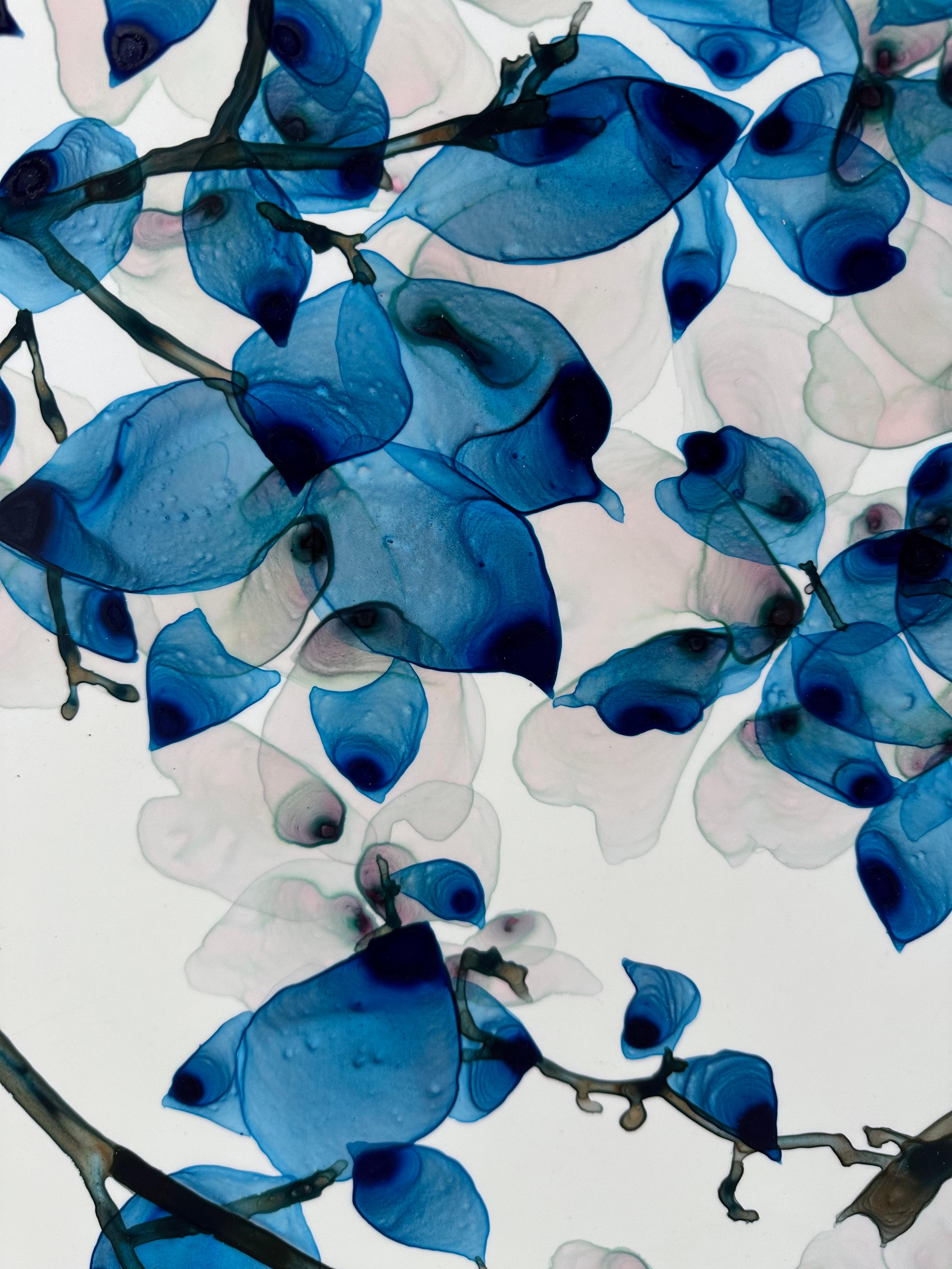 Peinture d'arbre botanique bleu vif, sarcelle, gris clair sur mylar 5