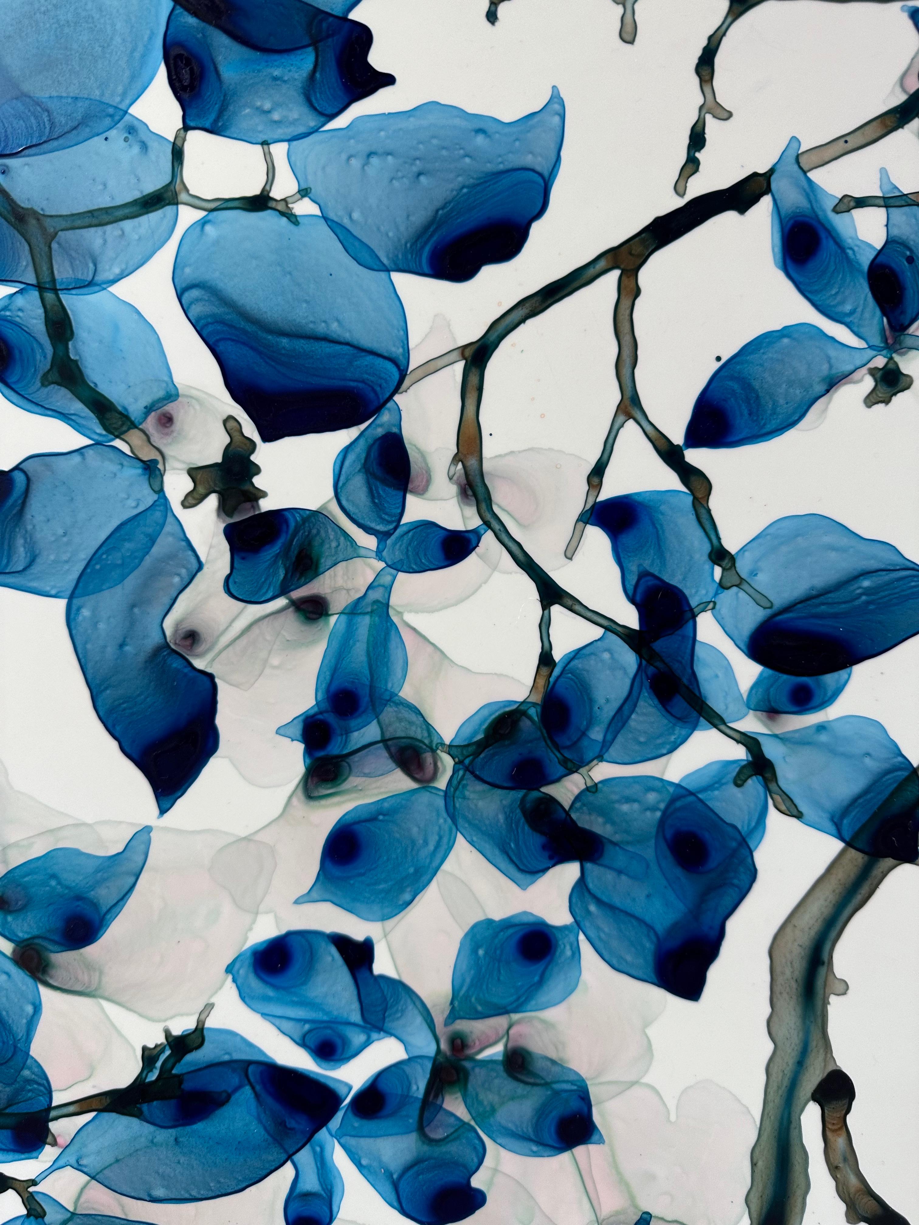 Peinture d'arbre botanique bleu vif, sarcelle, gris clair sur mylar 6