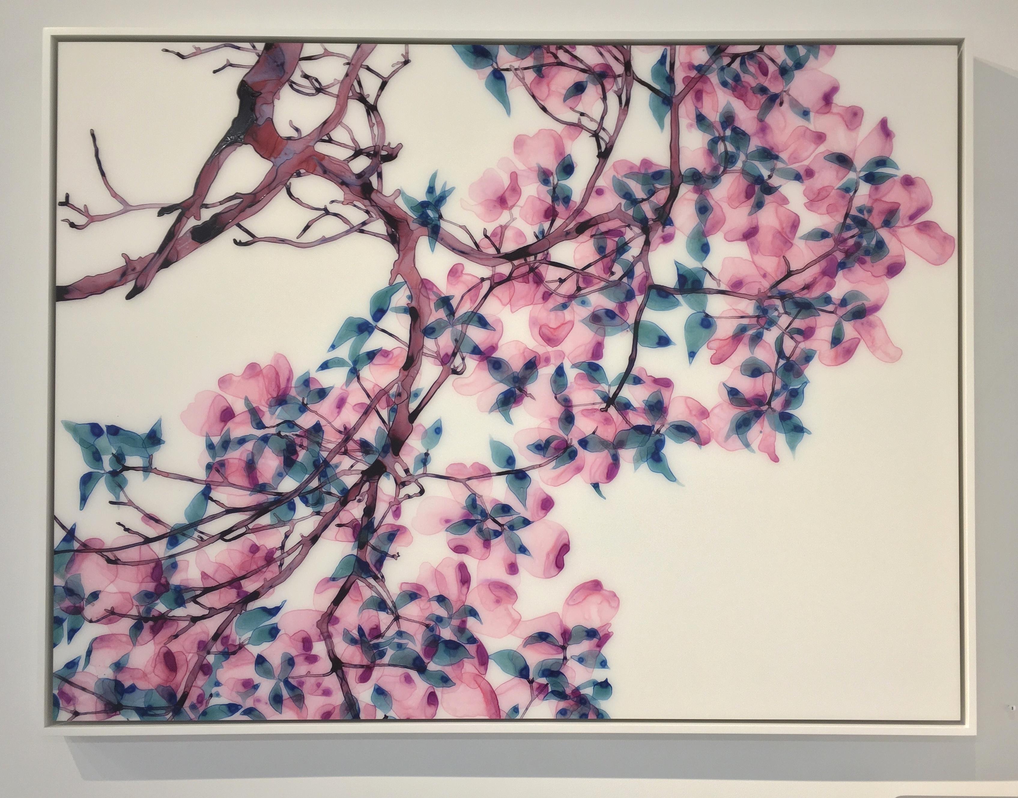 Tickled Pink, Horizontal Botanical Tree Painting on Mylar in Bright Pink, Blue 1