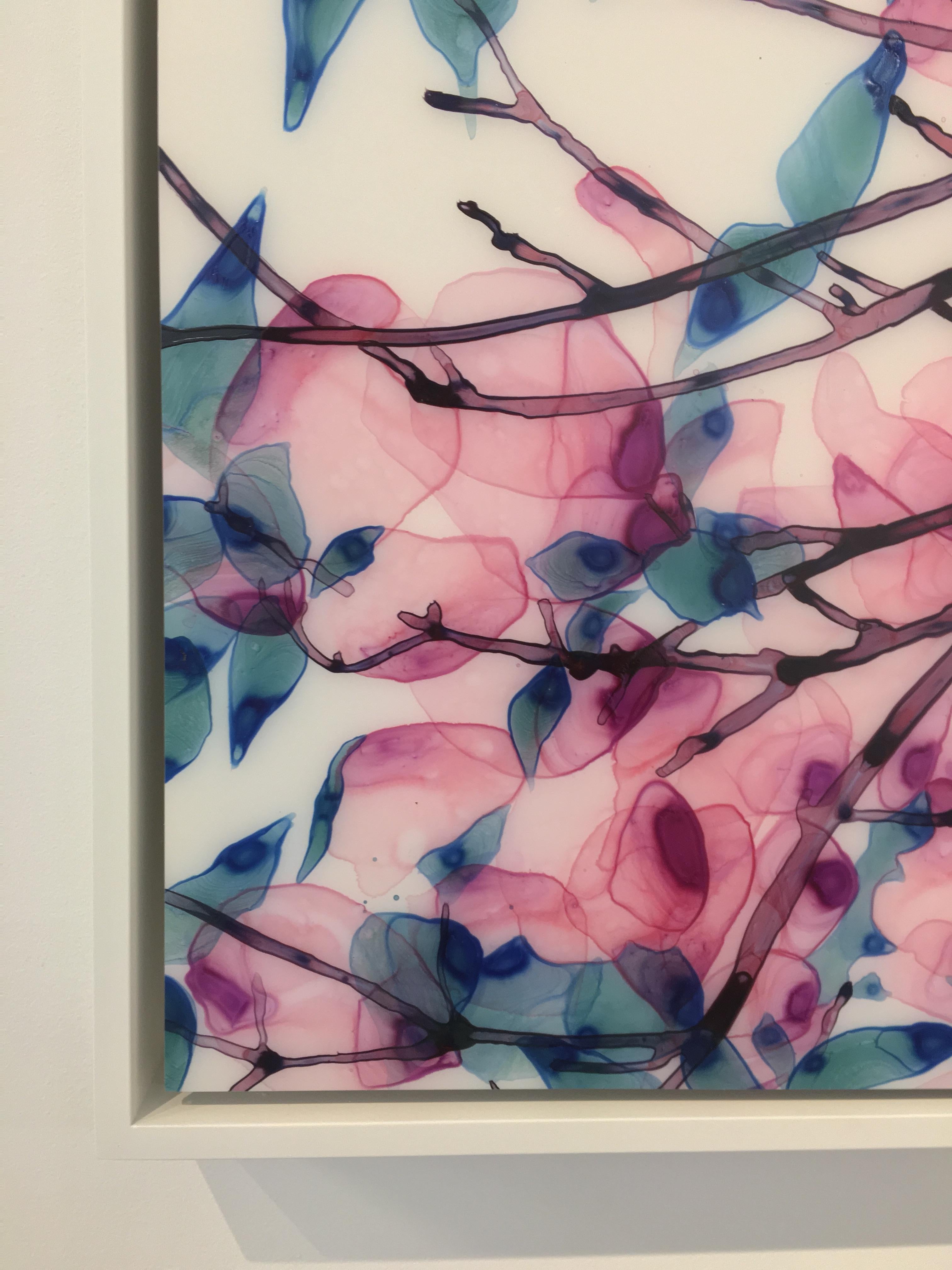 Tickled Pink, Horizontal Botanical Tree Painting on Mylar in Bright Pink, Blue 3