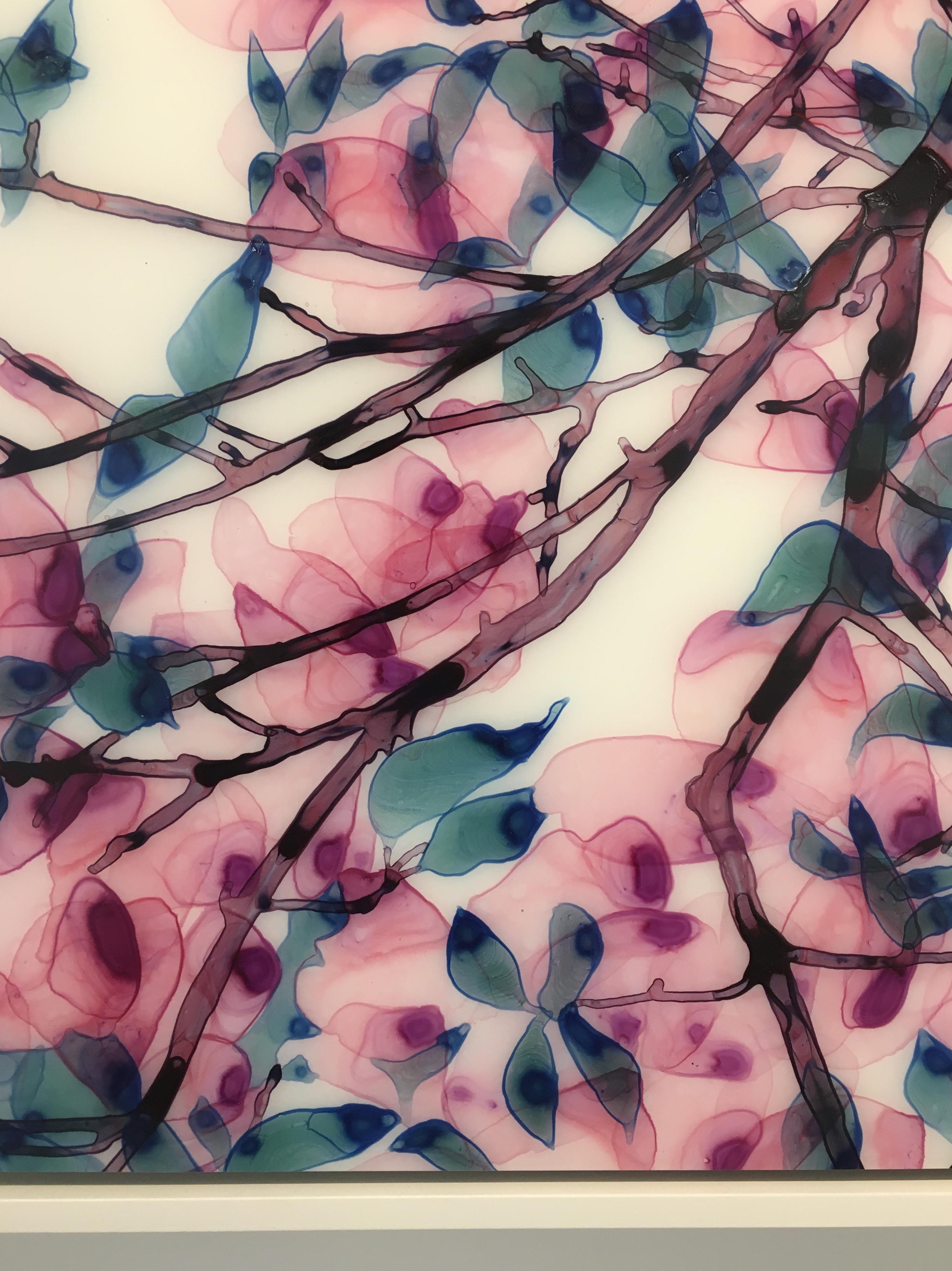 Tickled Pink, Horizontal Botanical Tree Painting on Mylar in Bright Pink, Blue 4