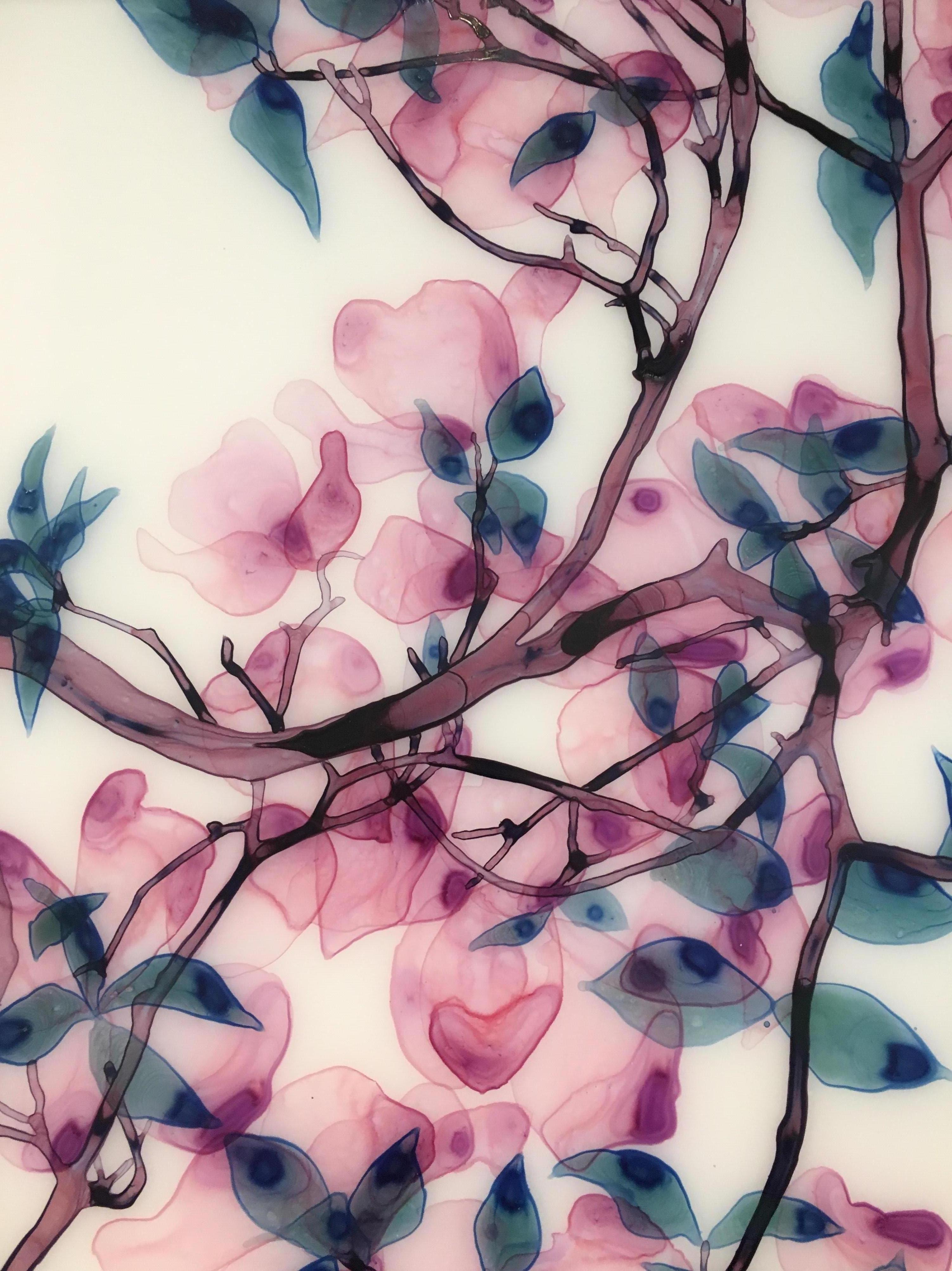 Tickled Pink, Horizontal Botanical Tree Painting on Mylar in Bright Pink, Blue 5