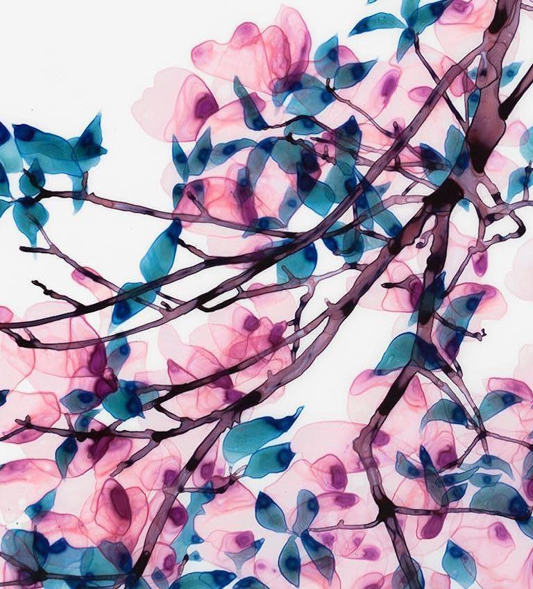 Tickled Pink, Horizontal Botanical Tree Painting on Mylar in Bright Pink, Blue 6