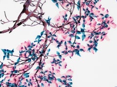 Tickled Pink, Horizontal Botanical Tree Painting on Mylar in Bright Pink, Blue