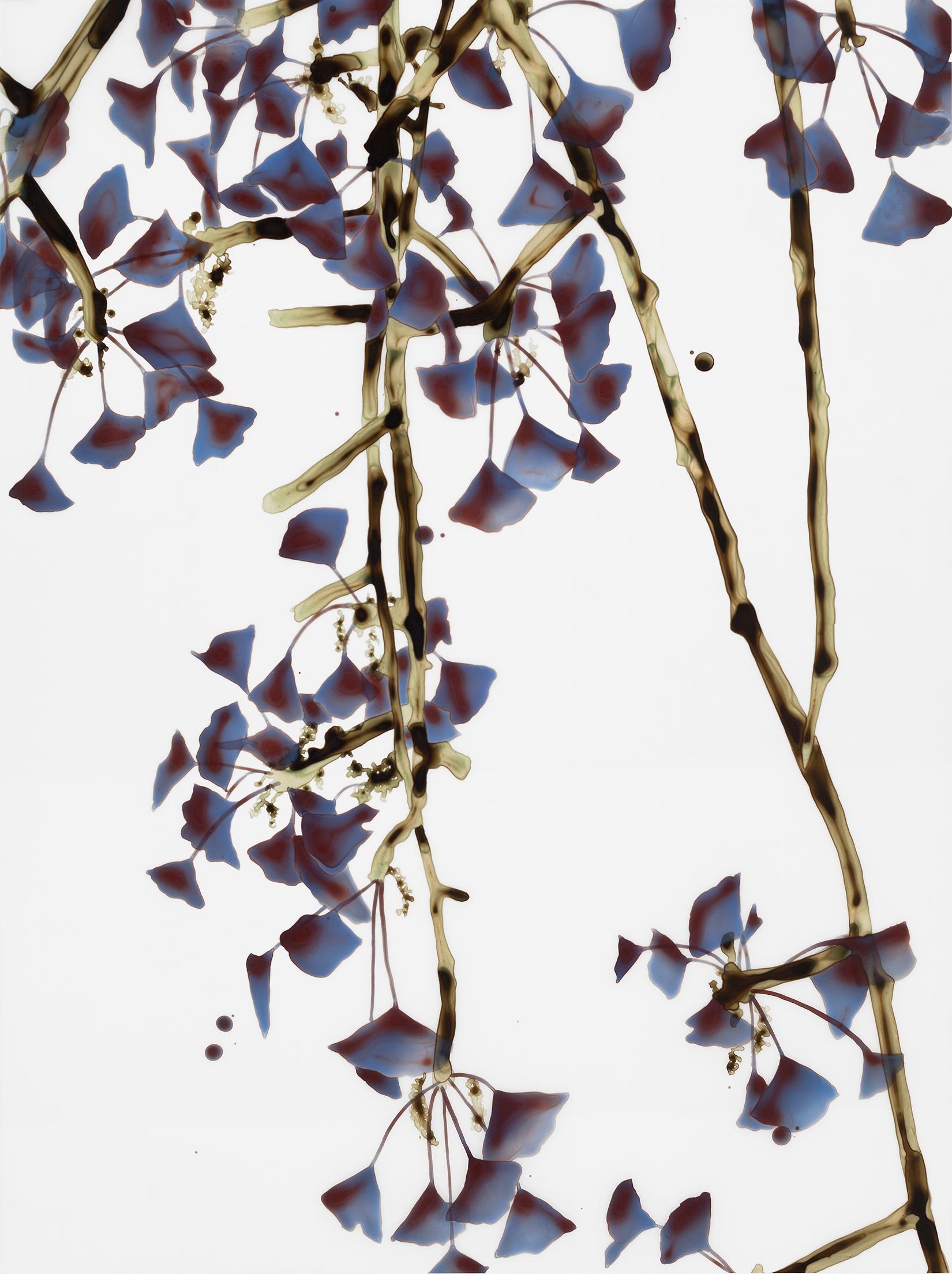 Tingling, Burgundy Purple, Brown, Gold, Olive Gingko Tree, Botanical on Mylar - Painting by Jackie Battenfield