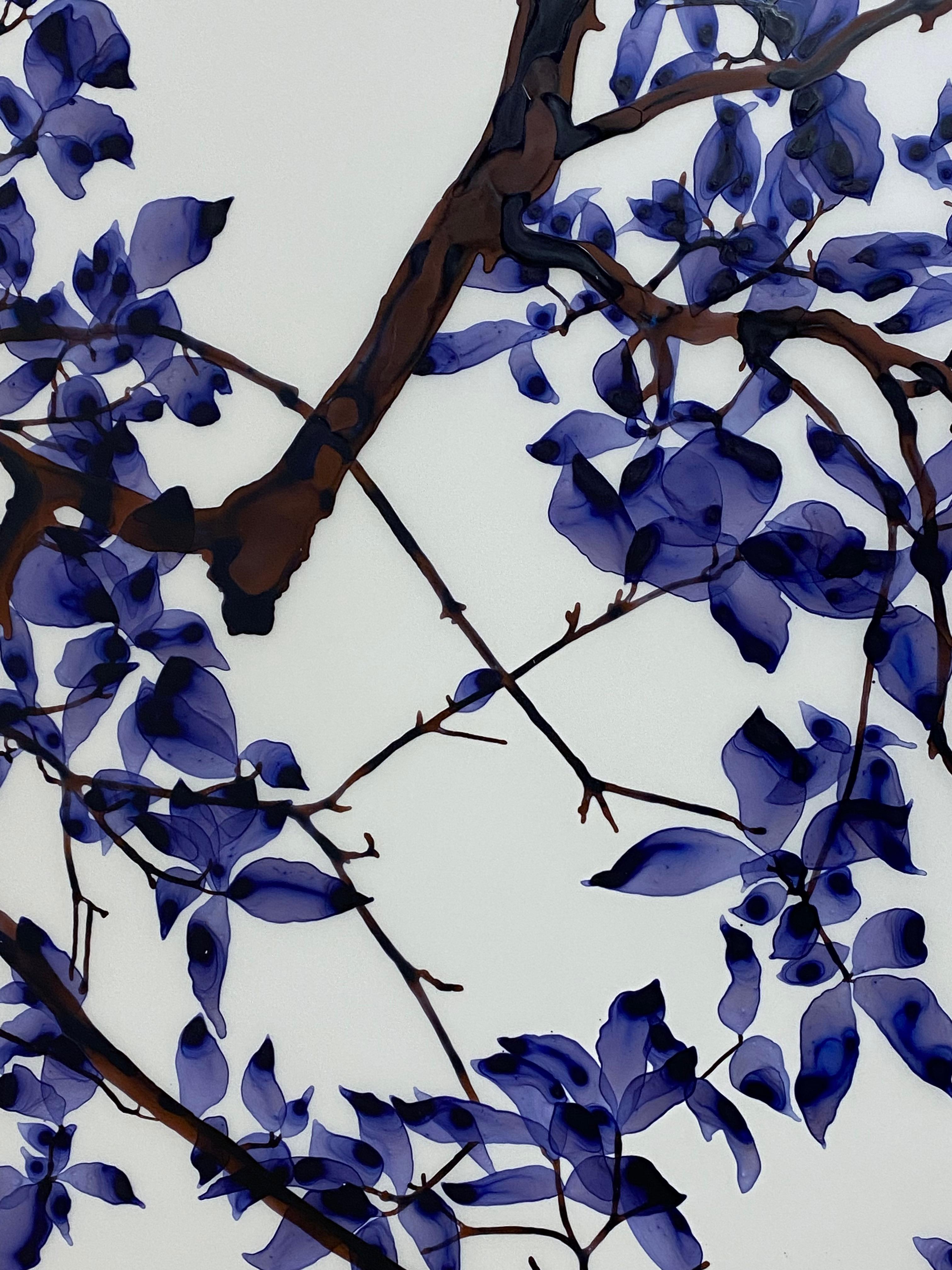Layers of delicate foliage in shades of dark violet grace dark umber brown branches on the pristine white background of this painting in acrylic on Mylar.

Battenfield's paintings on Mylar require mounting and bracing prior to framing. Price shown