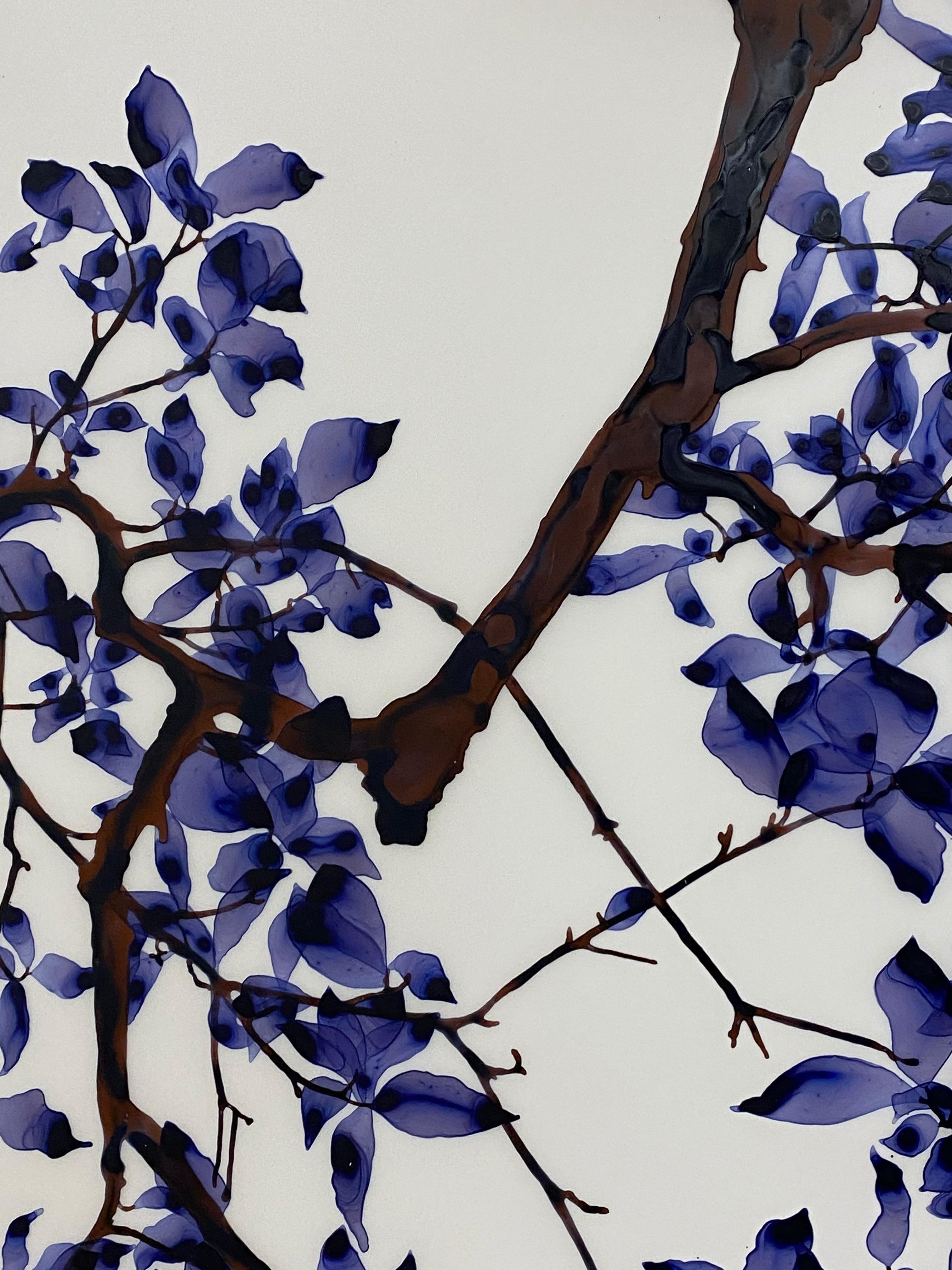 Abat-jour Twilight, bleu violet violet, branches d'arbres botaniques en caoutchouc, mylar blanc en vente 1