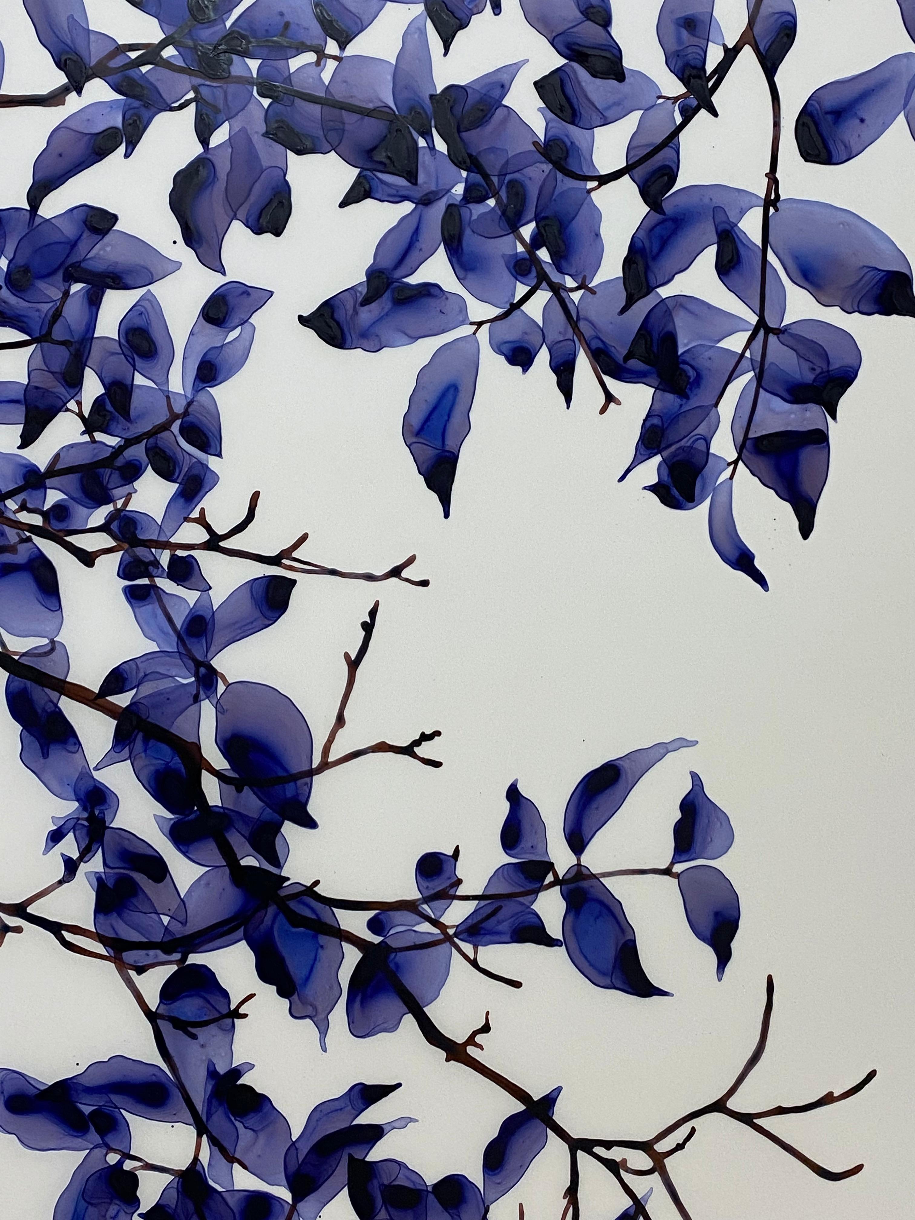 Abat-jour Twilight, bleu violet violet, branches d'arbres botaniques en caoutchouc, mylar blanc en vente 2