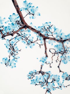 Two Blues Cs, Vertical Botanical Mylar Tree Painting in Light Blue, Dark Brown