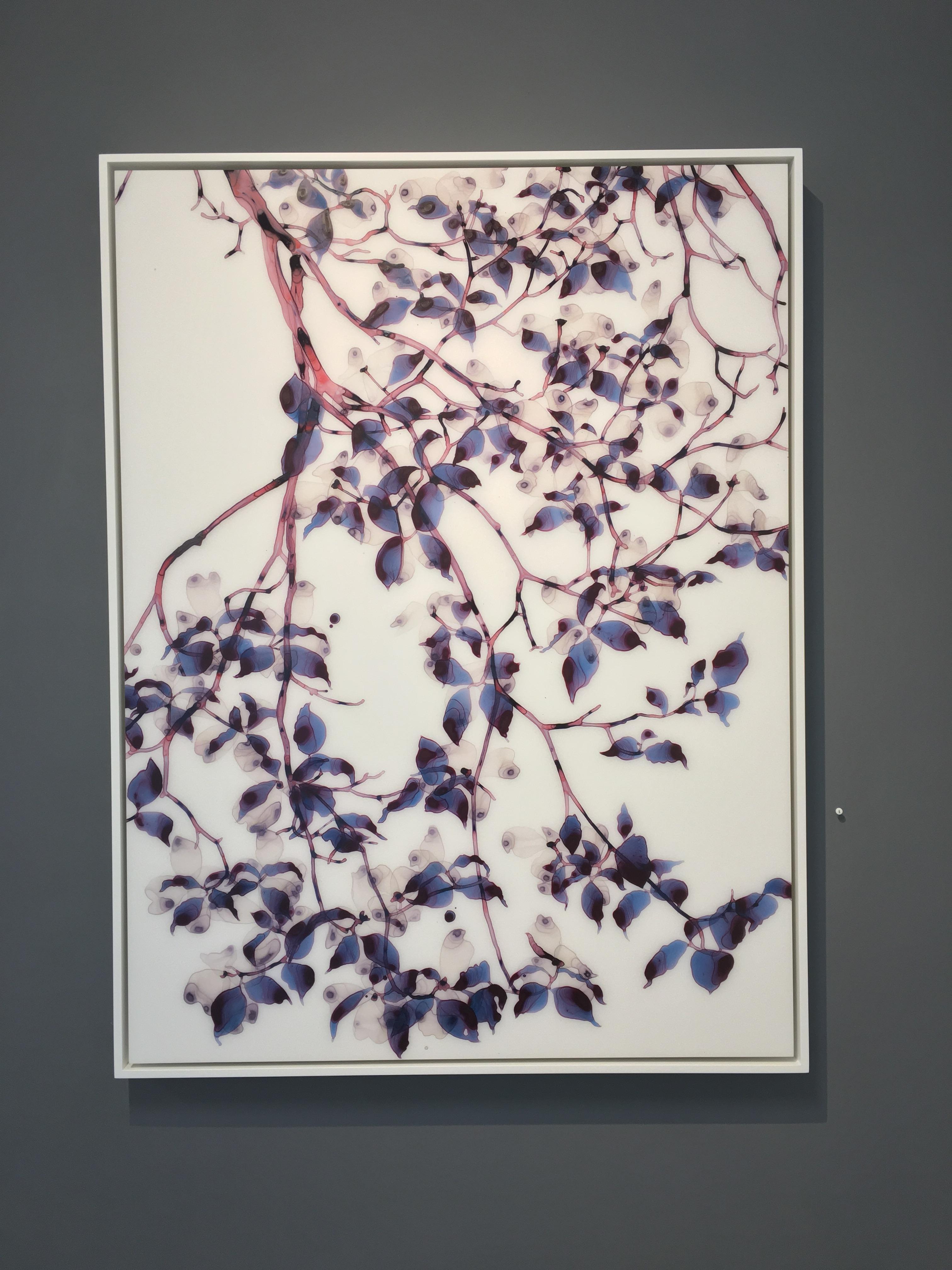 Under A Cloud Cs1, Vertical Botanical Painting on Mylar in Purple Blue and Brown 1