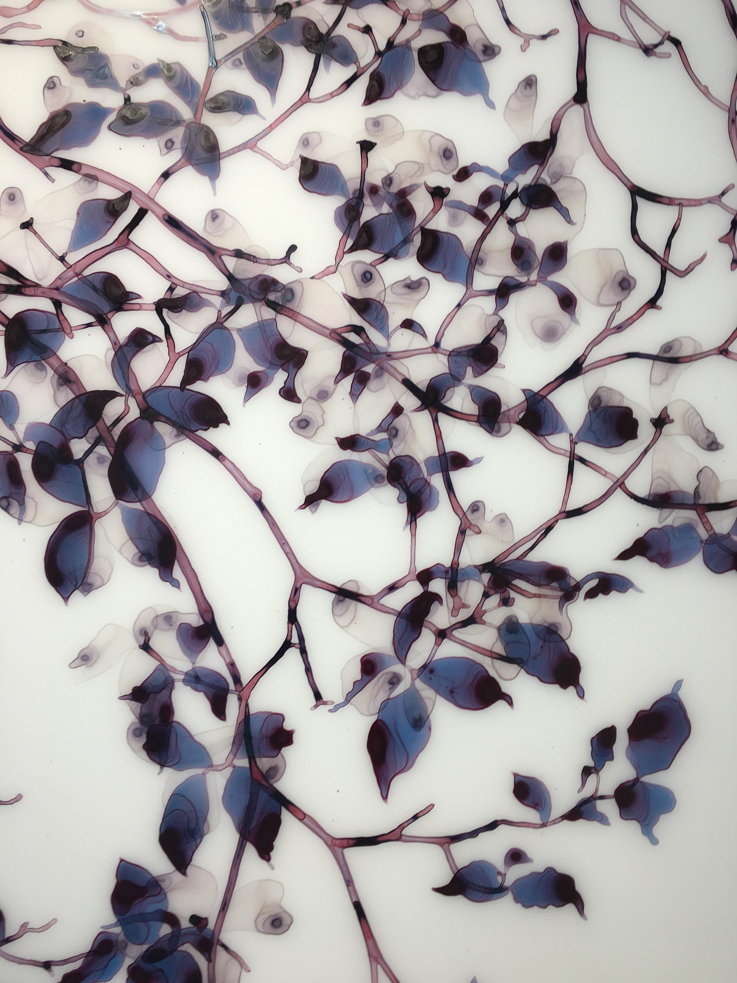 Under A Cloud Cs1, Vertical Botanical Painting on Mylar in Purple Blue and Brown 3