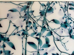 April Moon - Teal Blue Navy Gray Tree Botanical Painting White Mylar, 2024