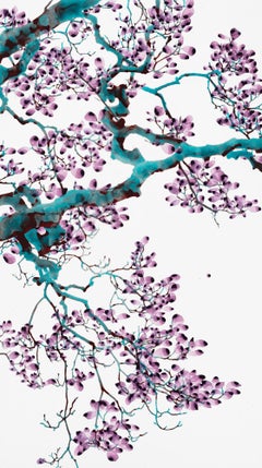 Aria Turchese - Viola Viola Blu Teal Albero Branch Botanico Su Mylar, 2023