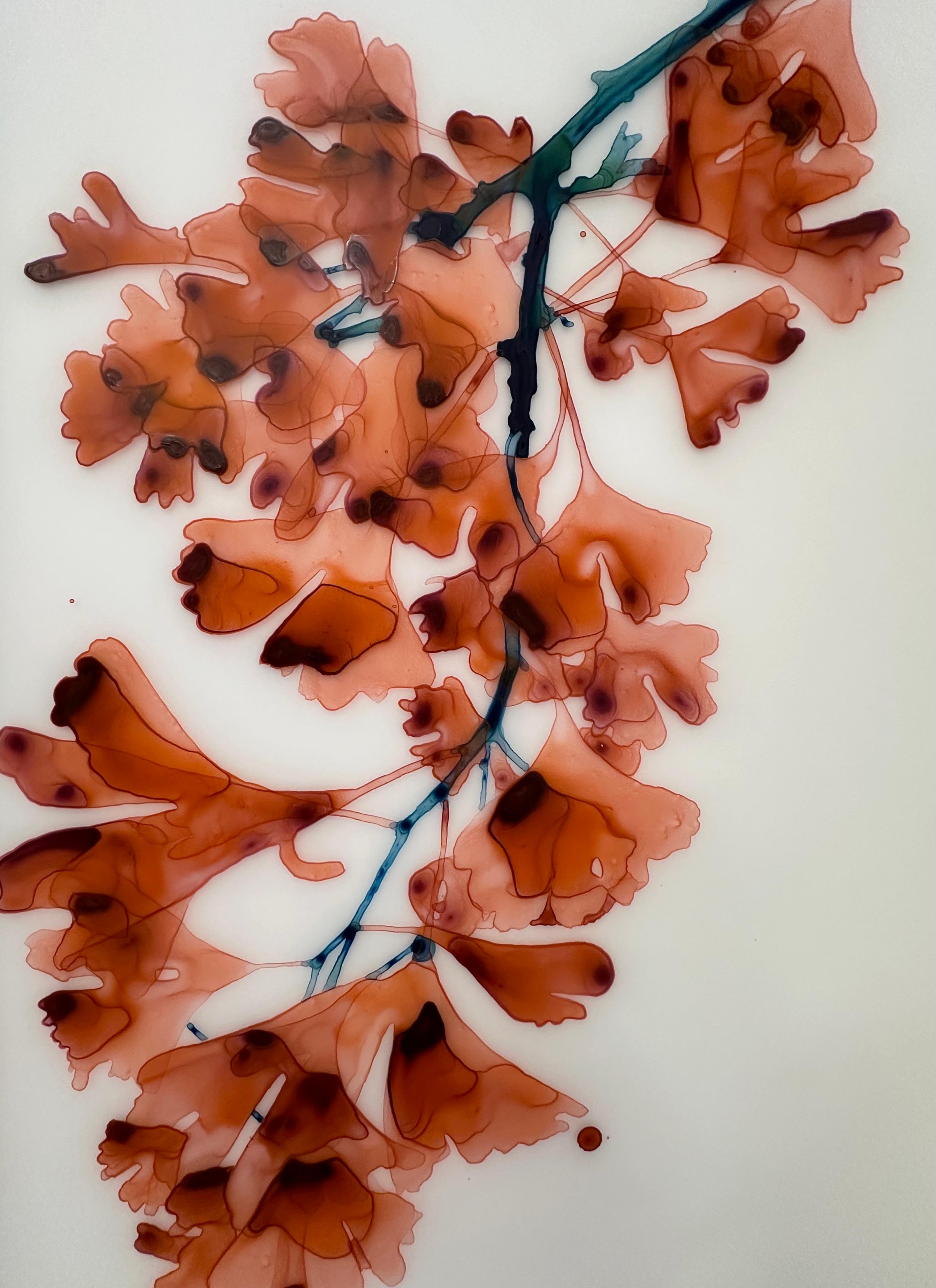 Chimera Cs4 - Koralle Rot Orange Gingko Baum botanisches Gemälde Weiß Mylar, 2024 im Angebot 1