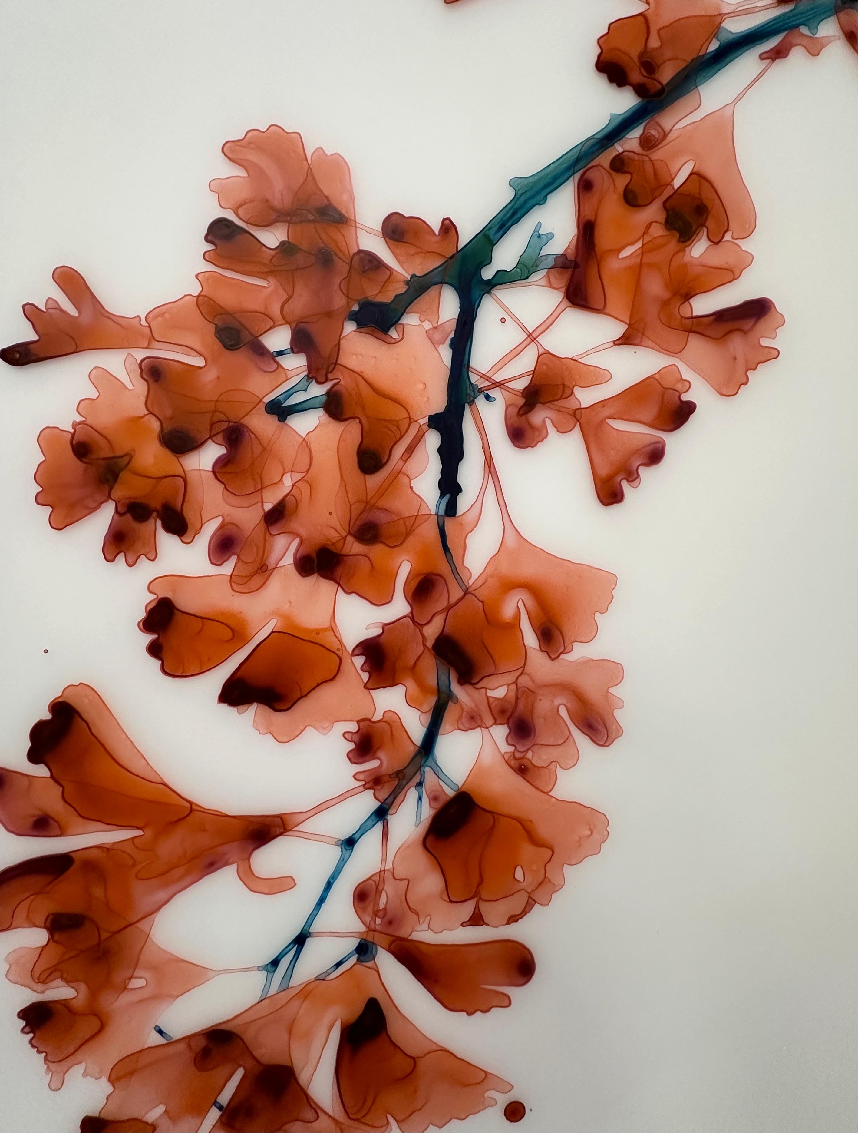 Chimera Cs4 - Koralle Rot Orange Gingko Baum botanisches Gemälde Weiß Mylar, 2024 im Angebot 2