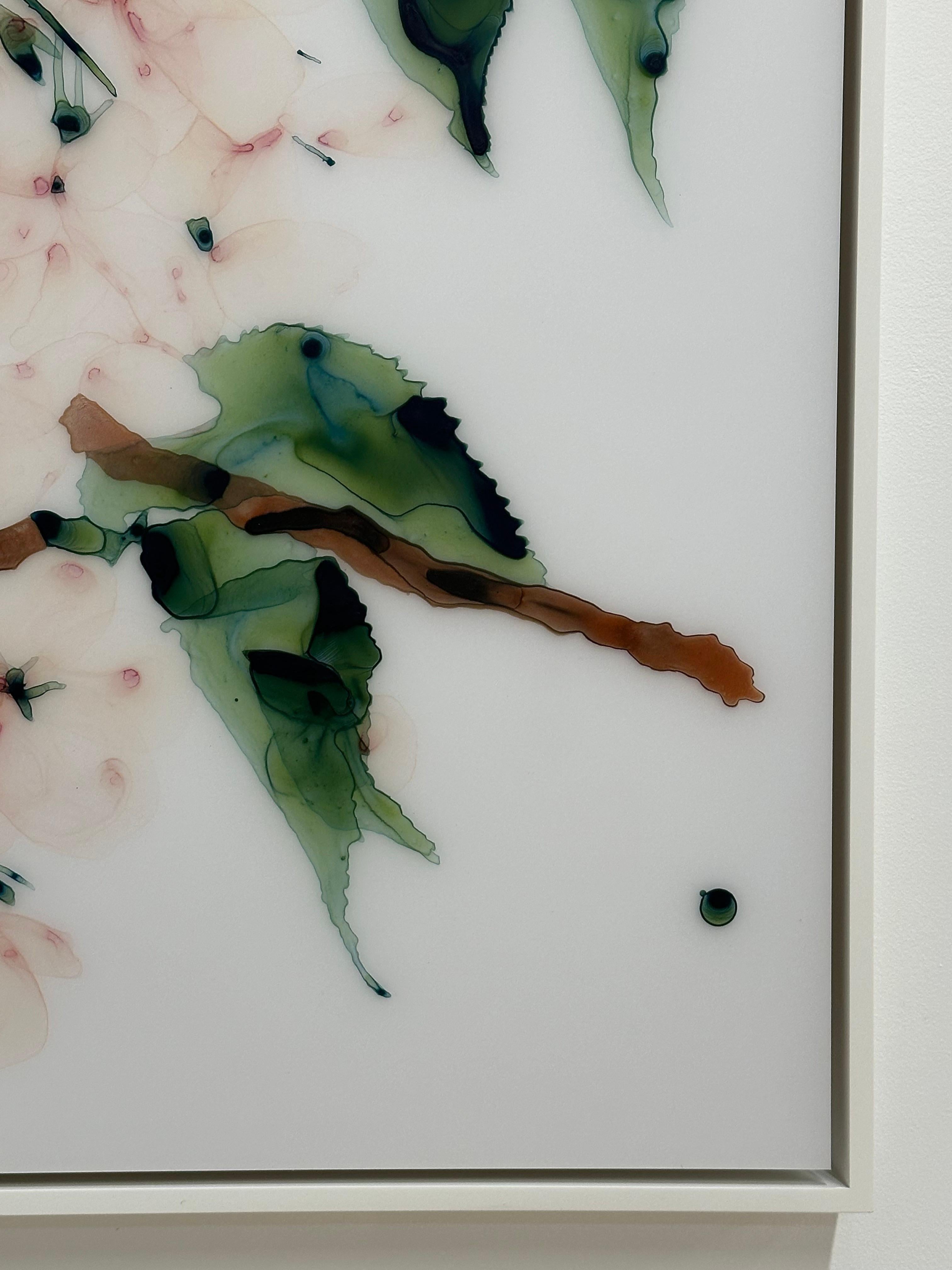 First Blush - Pale Peach Flowers Brown Tree Olive Leaves Botanical Painting 2023 For Sale 10