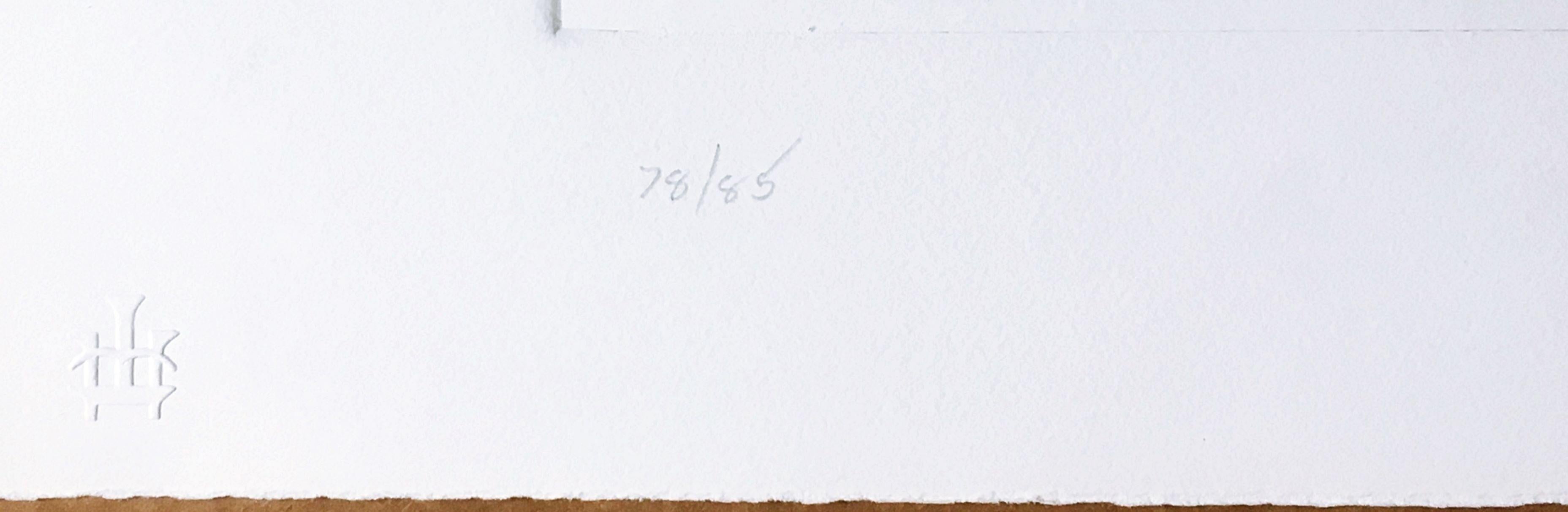 Jackie Ferrara
Ohne Titel, aus dem Atelier International Portfolio, 1986
Handkolorierte Radierung auf Papier mit Büttenrand. Blindstempel von Verlagen und Druckereien. Handsigniert. Nummeriert. Datiert. 
 Handsigniert, nummeriert 78/85 und datiert