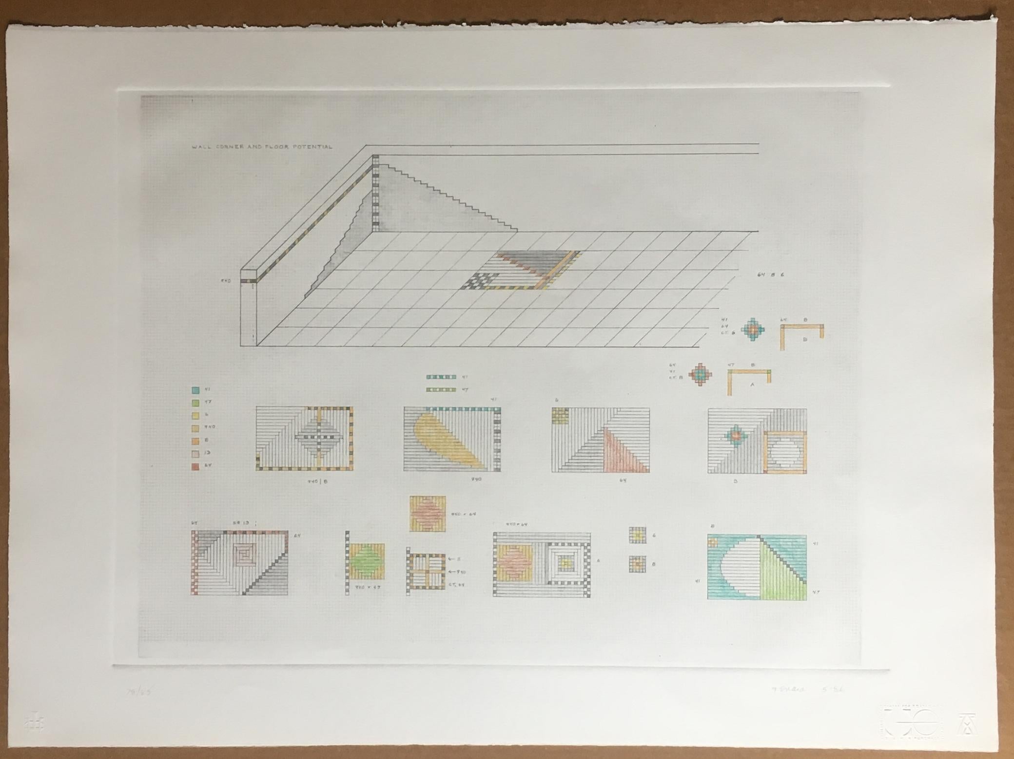 Jackie Ferrara
Ohne Titel, aus dem Atelier International Portfolio, 1986
Handkolorierte Radierung auf Papier mit Büttenrand. Blindstempel von Verlagen und Druckereien. Handsigniert. Nummeriert. Datiert. 
 Handsigniert, nummeriert 78/85 und datiert