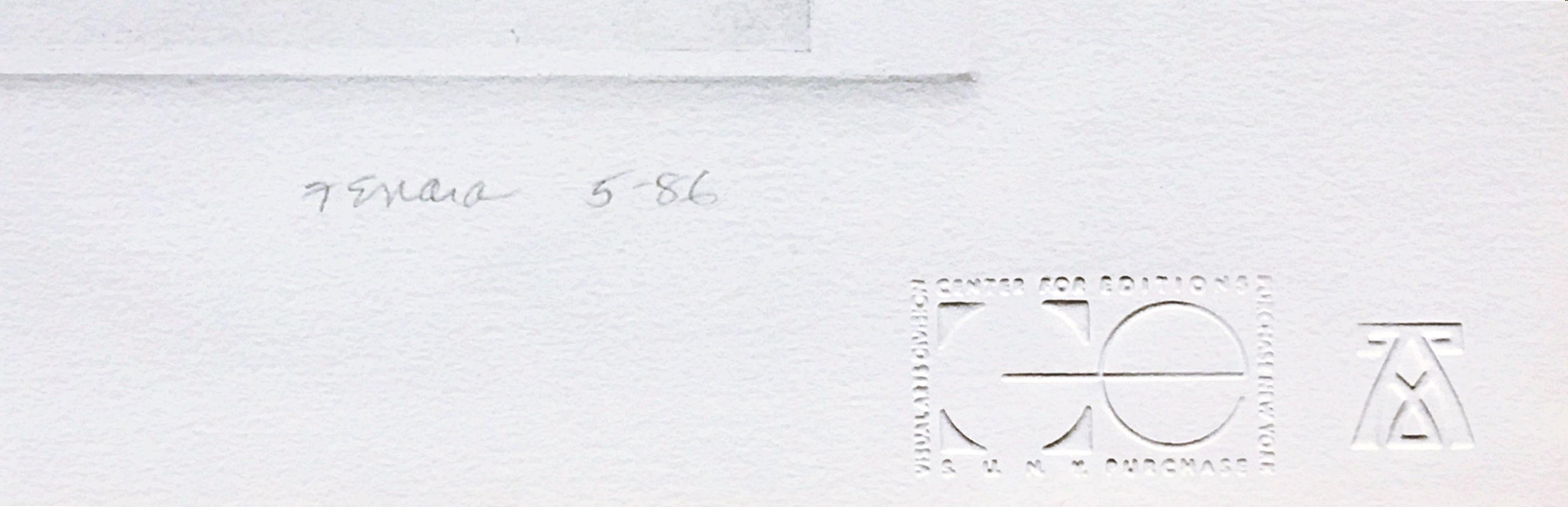 Jackie Ferrara
Senza titolo, dal Portfolio Atelier International, 1986
Incisione colorata a mano su carta con bordi decorati. Timbri a secco dell'editore e dello stampatore. Firmato a mano. Numerato. Data. 
 Firmato a mano, numerato 78/85 e datato