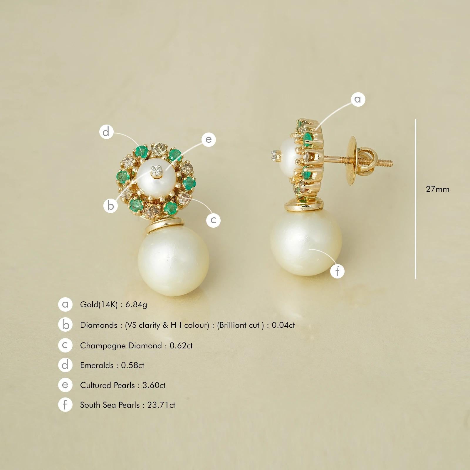 Orecchini Jackie in oro champagne, diamanti, smeraldi e perle dei mari del sud In condizioni Nuovo in vendita a Lawrenceville, GA