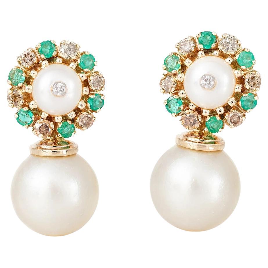 Jackie Gold Champagne Diamond Emerald and South Sea Pearl Drop Earrings