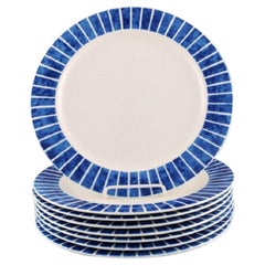 Jackie Lynd for Duka, Eight Plates in Glazed Stoneware with Blue Stripes