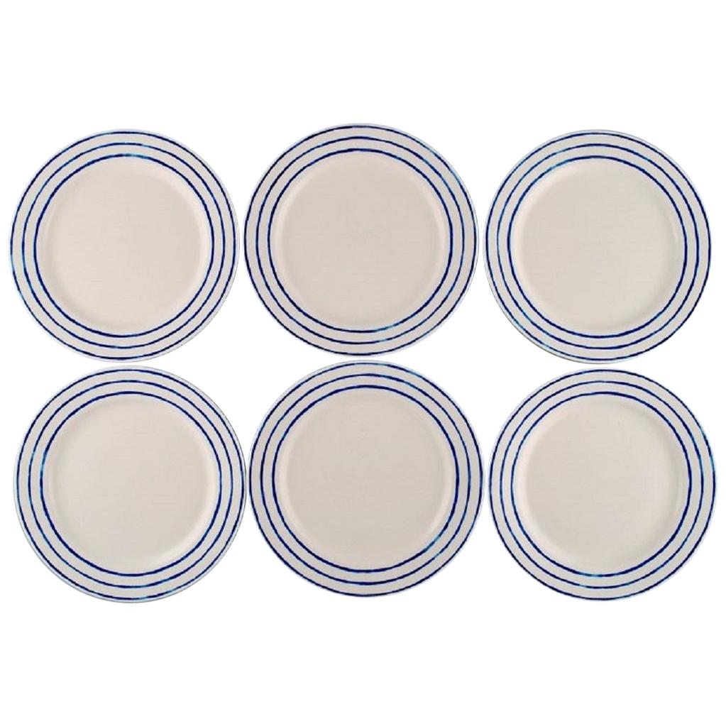 Jackie Lynd for Duka, Six Plates in Glazed Stoneware with Blue Decoration