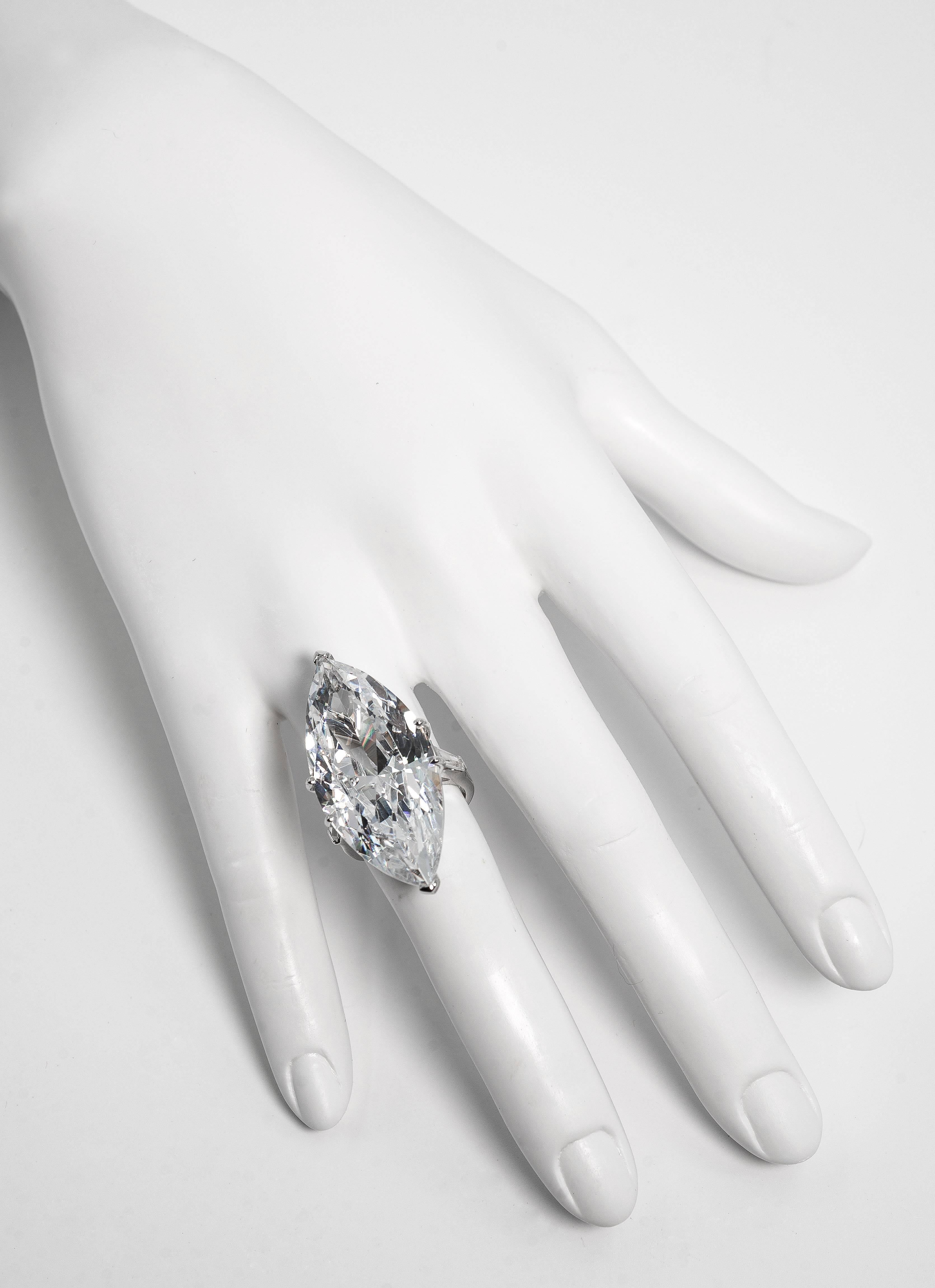  Jackie O' 40 Carat Marquise D Color Cubic Zirconia Diamond Ring Copy 
A Fabulous Fake. One for sale here, one sold at Sotheby's by Daniele Steele that had been bought at Bergdorf's in the 1990s. A copy of the Real One was given to Jackie Onassis by