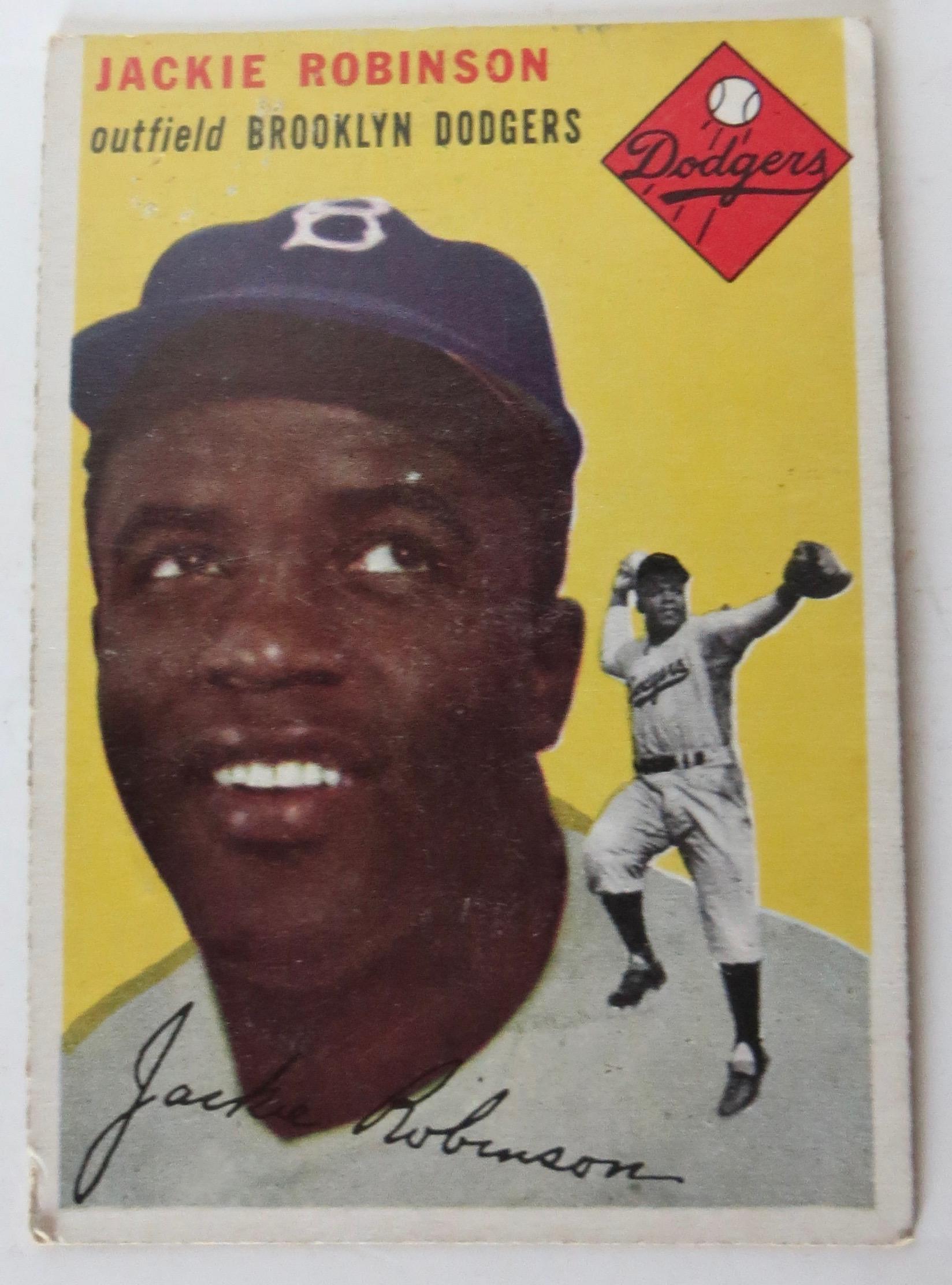 This ensemble of two Jackie Robinson vintage collectibles. Both from 1954 consists of the following:

1) Baseball Card by The Topps Baseball Card Company #10 1954. 
The card is in very good condition with no creases or bend---very sound. The