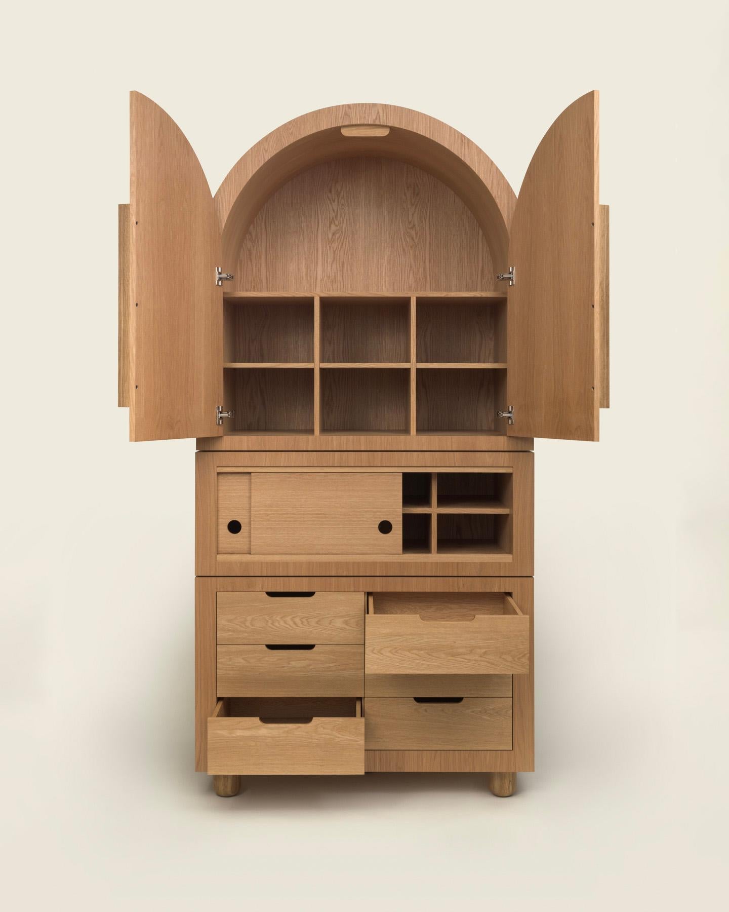 Inspired by the curves of the Art Deco movement, the Jackson Highboy was originally designed as a commission for a client in Jackson Heights, Queens. Crafted from a practical blend of solid and plywood construction, it celebrates the arch form in