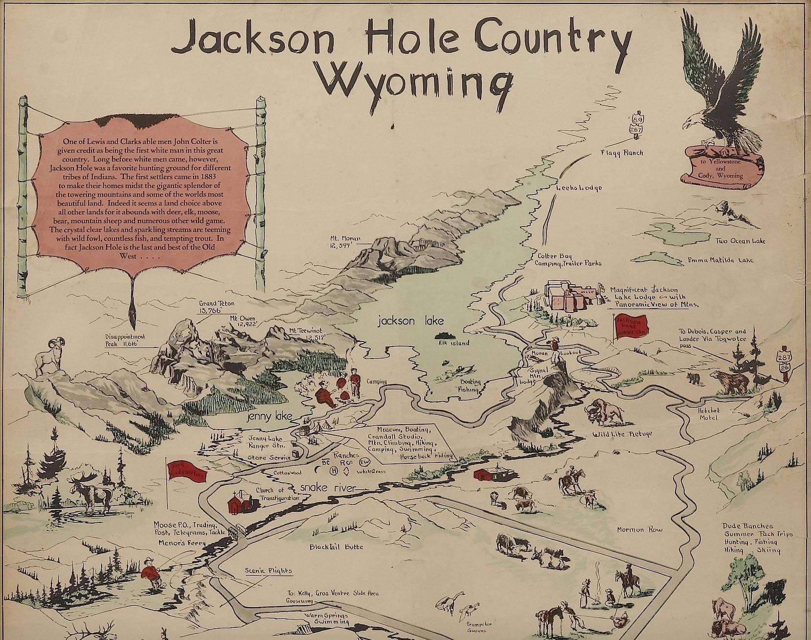 This is an attractive and rare 1956 pictorial view map of Jackson Hole, Wyoming, drawn by Harold Isadore Hopkinson. Oriented to the northwest, the map covers roughly from Jackson Lake in Grand Teton National Park to the town of Jackson, appearing in