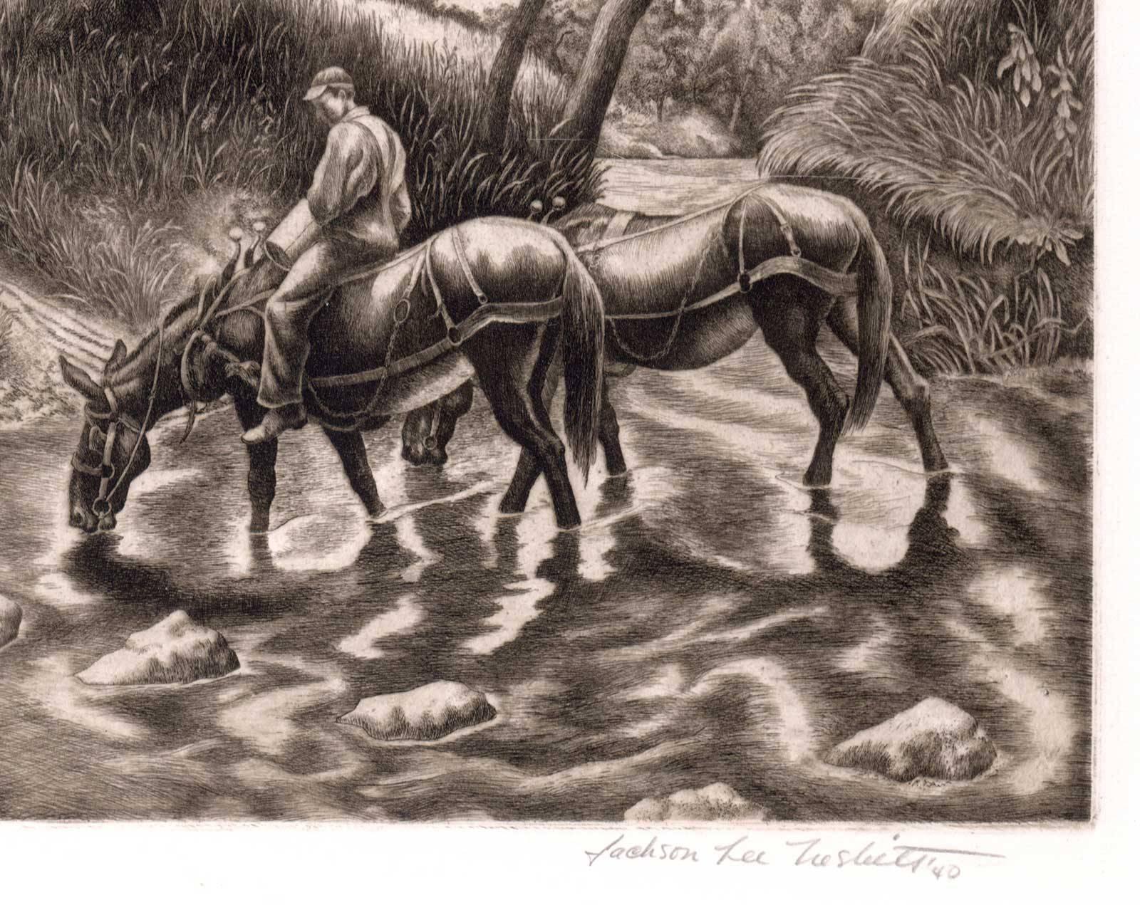 Watering Place (Scene was drawn while fishing along Illinois River in Oklahoma) - Print by Jackson Lee Nesbitt