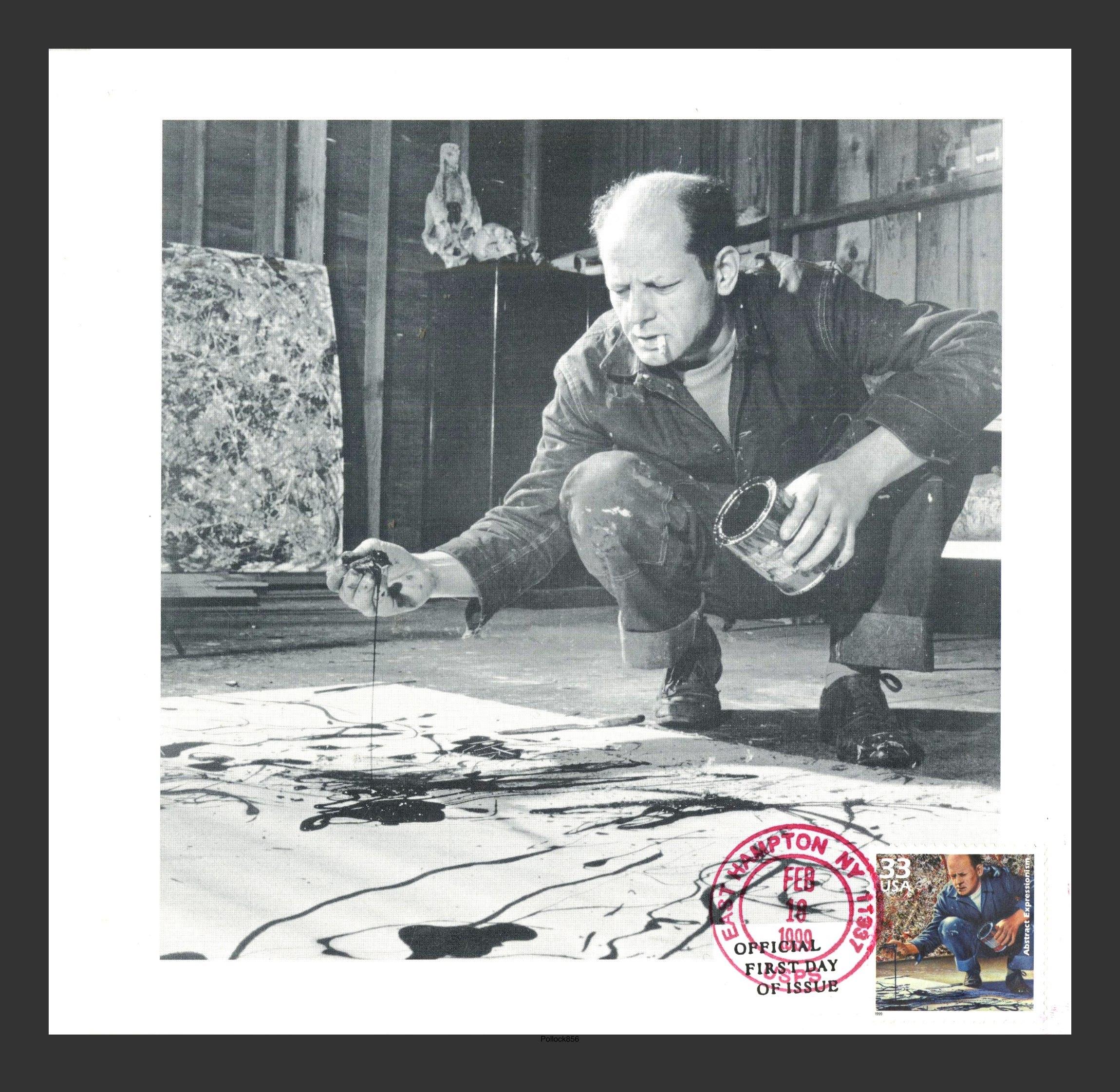 Jackson Pollock
Exklusive Einladung mit Ersttagsbrief, 1999
Offsetlithographie ausklappbare Einladung mit gestempeltem Ersttagsbrief
Briefmarke mit offiziellem Poststempel des US Post Office, datiert mit Southampton, NY, mit dem Text "Official First