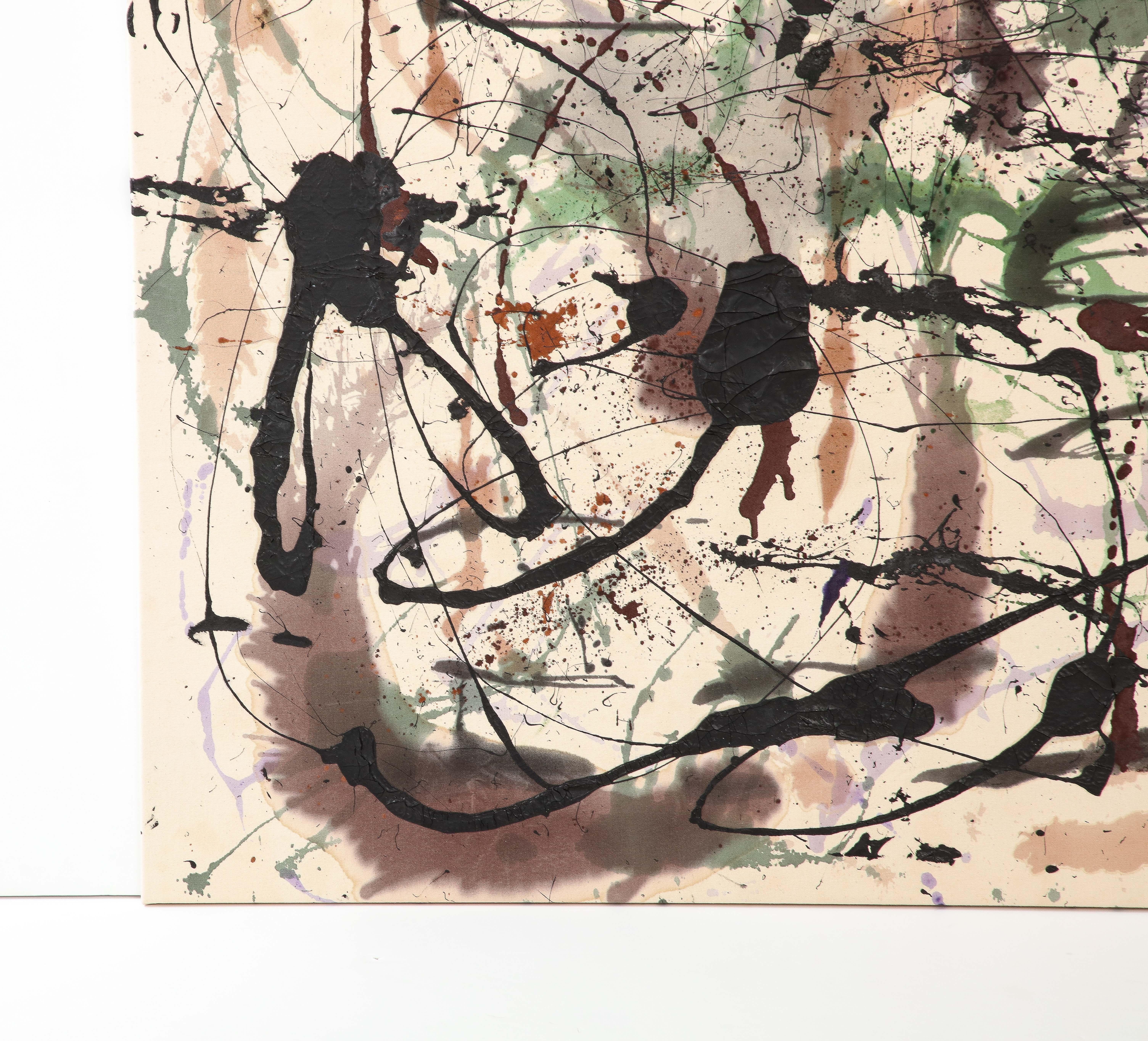 Cuadro de gran tamaño al estilo de Jackson Pollock realizado por el artista de Woodstock, Nueva York, a principios de la década de 1990, en estado original vintage con pequeños desgastes y pátina debidos a la edad y el uso.