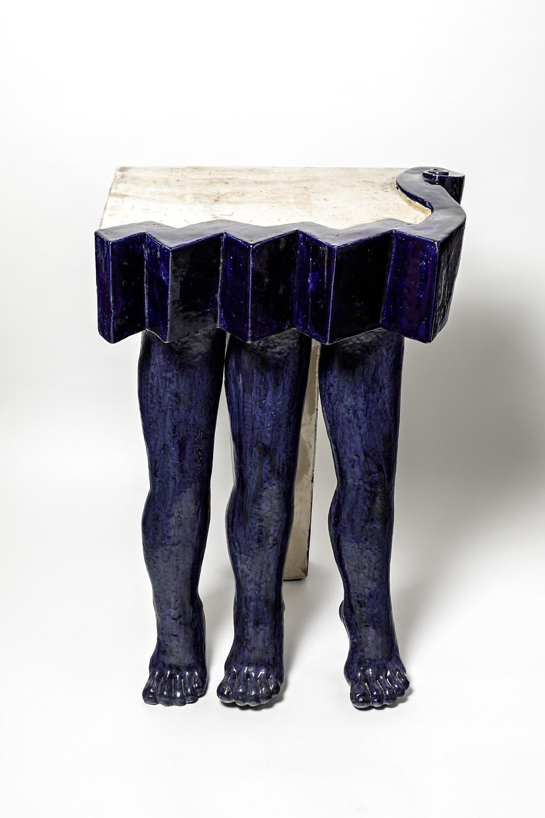 Jackye Coville (born in 1936)

Exceptional and decorative stoneware ceramic table console.

Measures: Height 90 cm, large 67cm, depth 45cm

Elegant white and blue ceramic colors.

Signed and dated on the plate: J COVILLE 96

It's a master