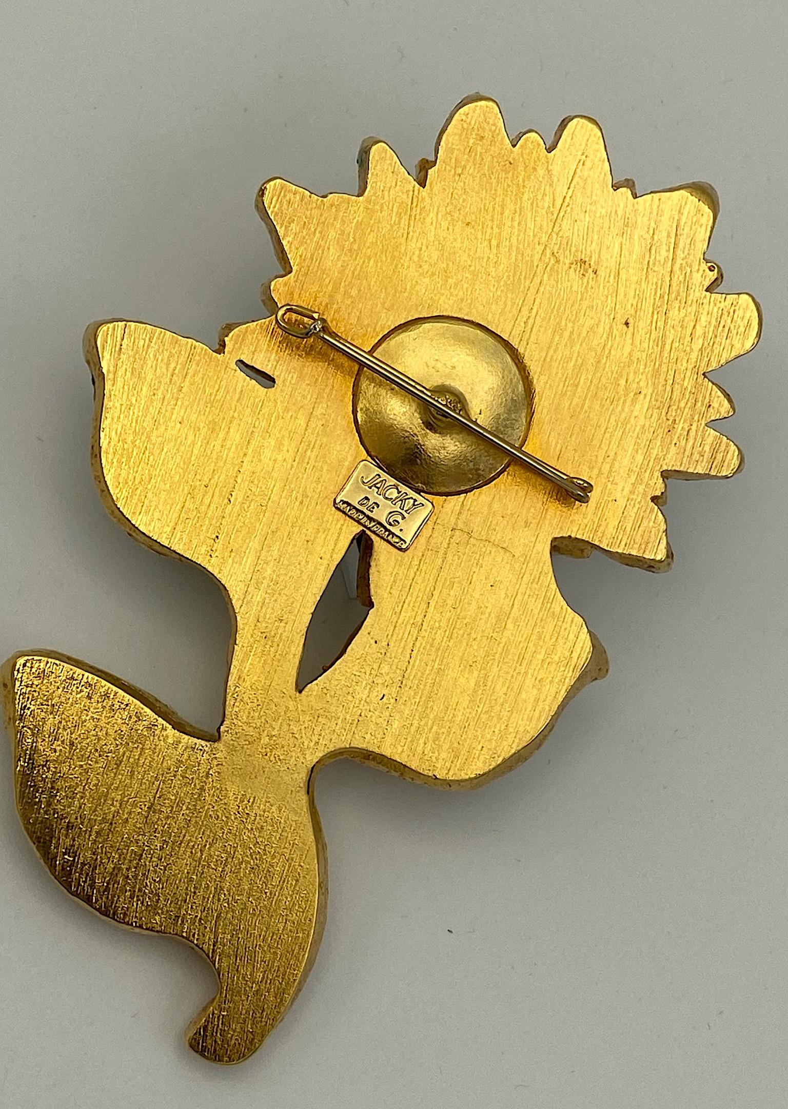 Jacky de G. 1980s Gold Plate on Carved Resin Flower Pin 8