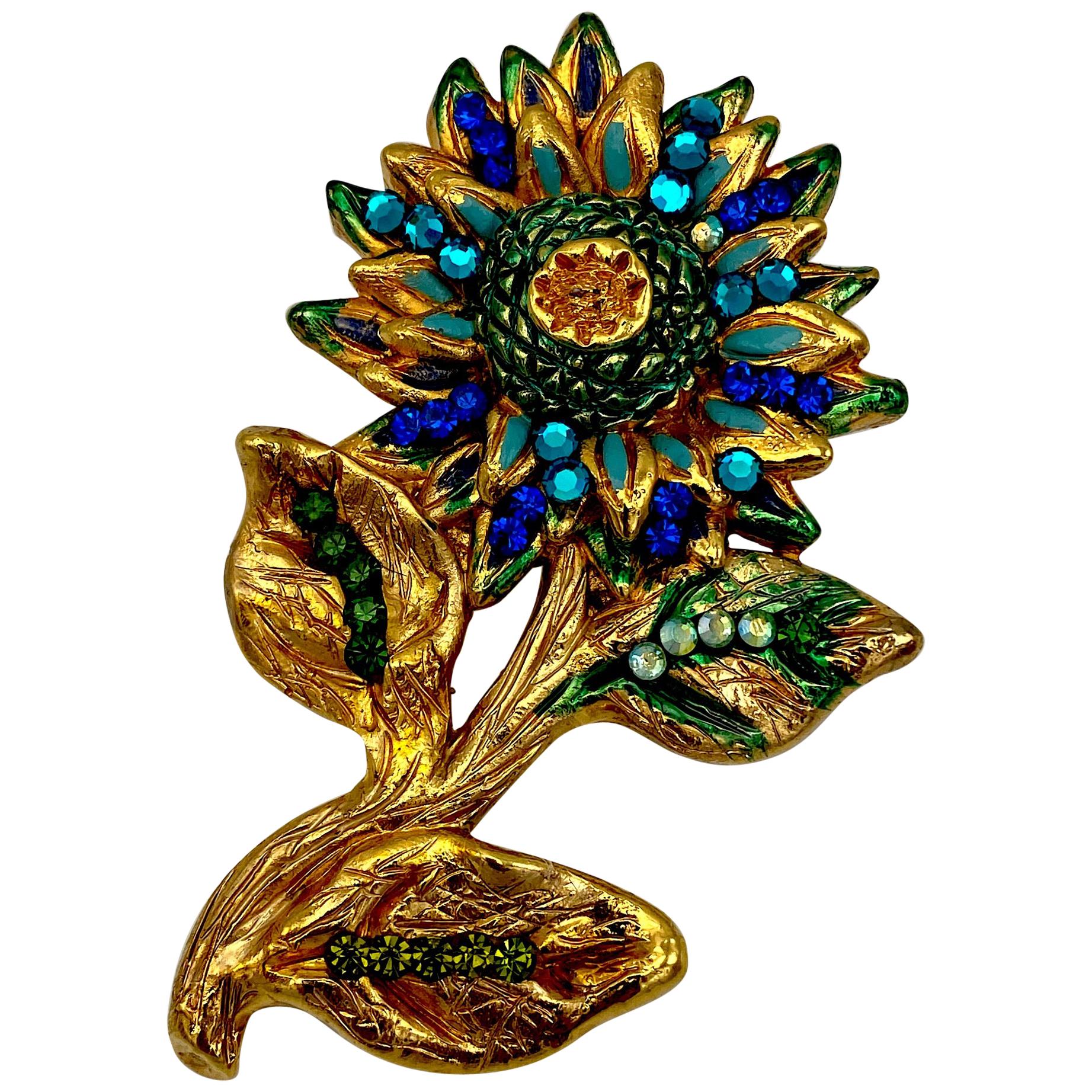 Jacky de G. 1980s Gold Plate on Carved Resin Flower Pin