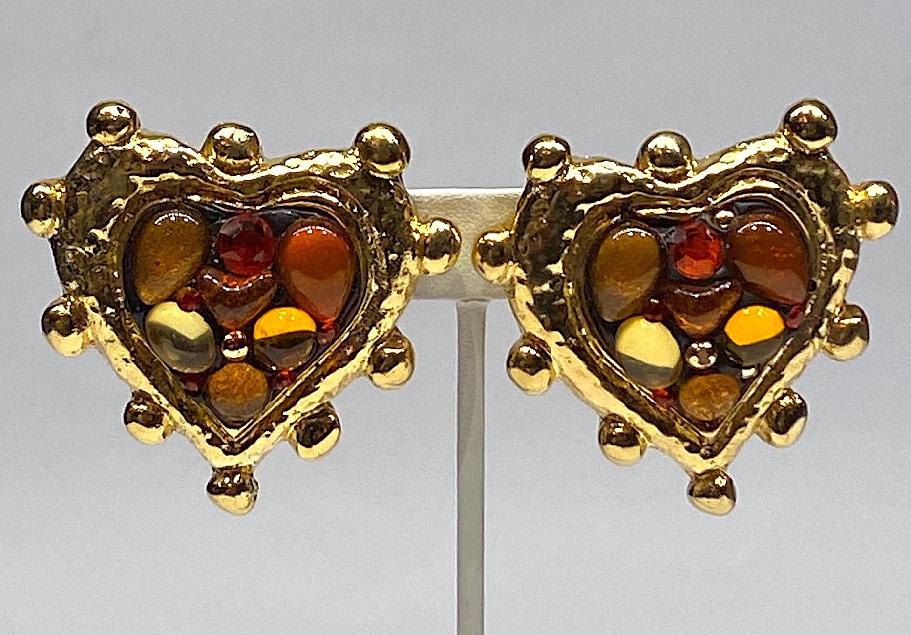 Jacky de G, Paris Large Jeweled Heart Earrings In Good Condition In New York, NY