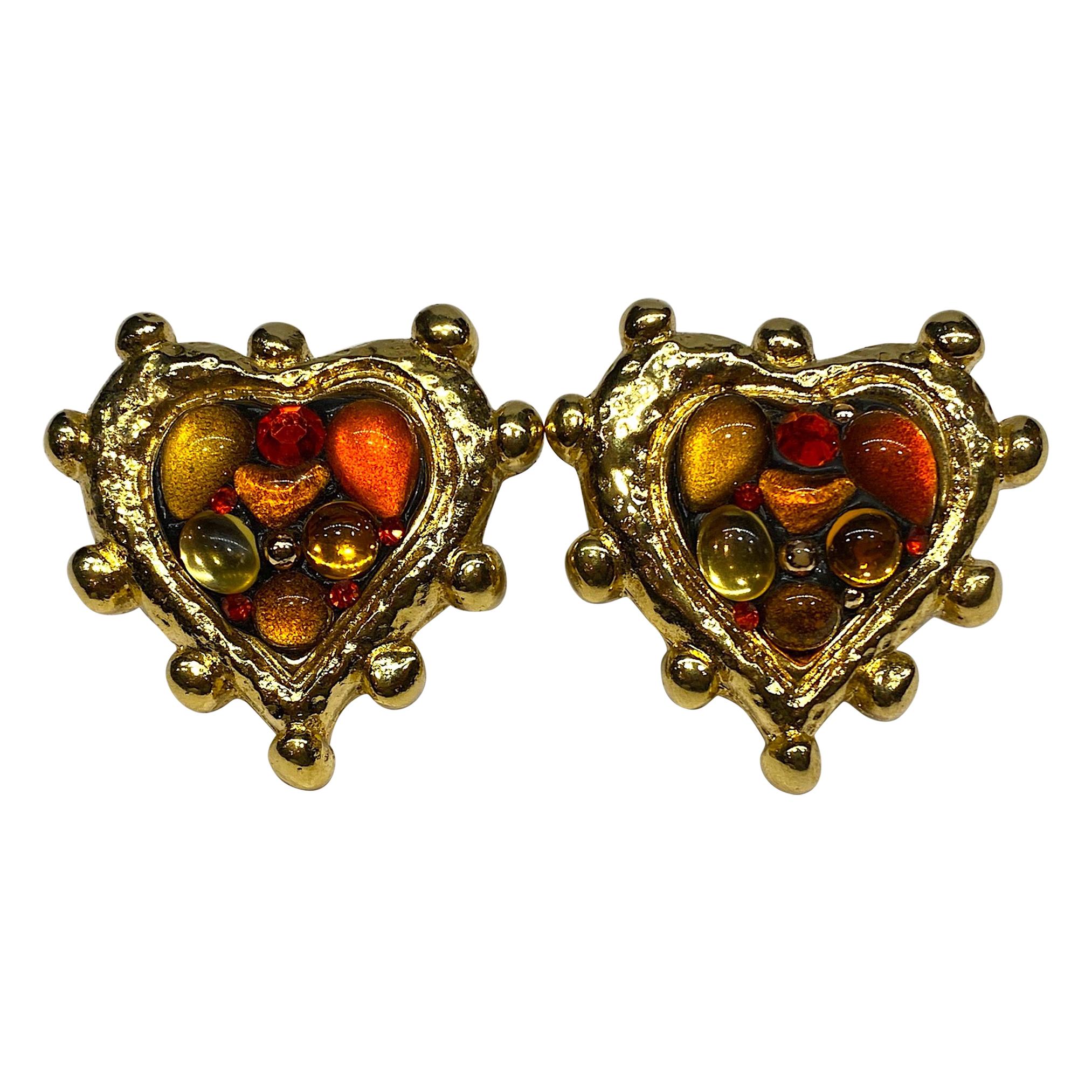 Jacky de G, Paris Large Jeweled Heart Earrings