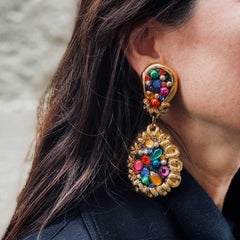 JACKY de G Vintage Clip-on Earrings in Gilt Metal and Multicolor Cabochons