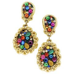 JACKY de G Vintage Clip-on Earrings in Gilt Metal and Multicolor Cabochons