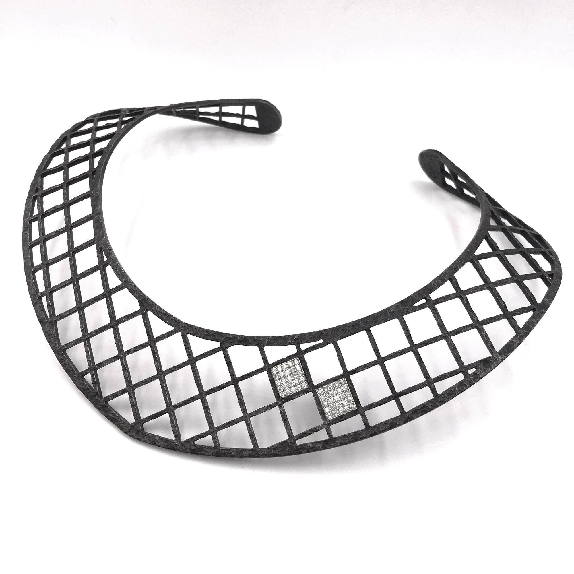 Round Cut Jaclyn Davidson One of a Kind Diamond Cubes Hand-Forged Carbon Steel Necklace
