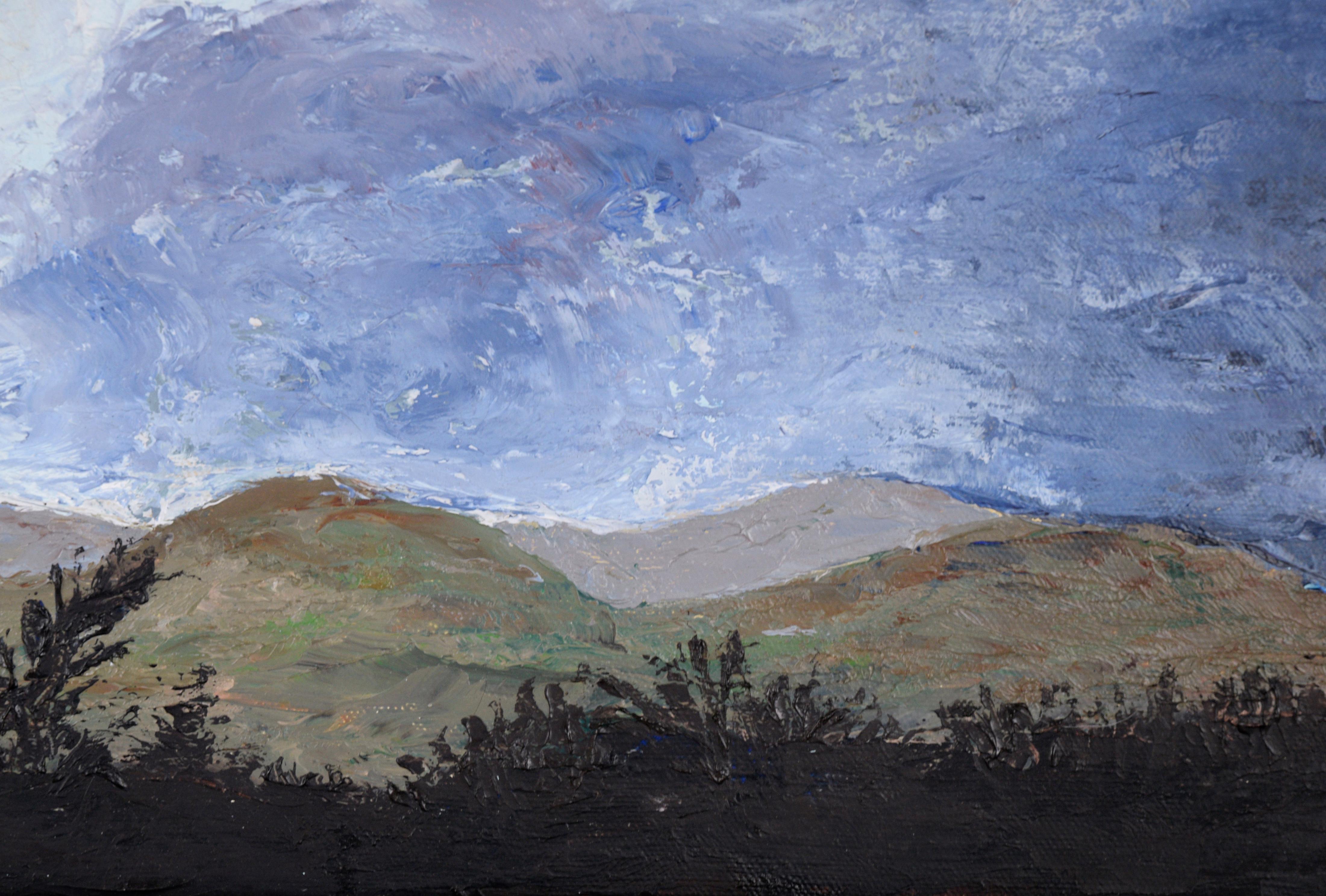 Dramatic landscape by San Leandro, California artist Jaclyn Housman (American, b. 1937). Dark purple and grey and clouds roll across the sky, with small rolling hills in at the bottom of the painting. In the foreground, some plants are silhouetted