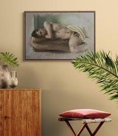 Étude de nu masculin aux tons terreux, peinture à l'huile sur toile de lin belge « Deon : Étude II »