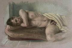 Étude de nu masculin aux tons terreux, peinture à l'huile sur toile de lin belge « Deon : Étude II »