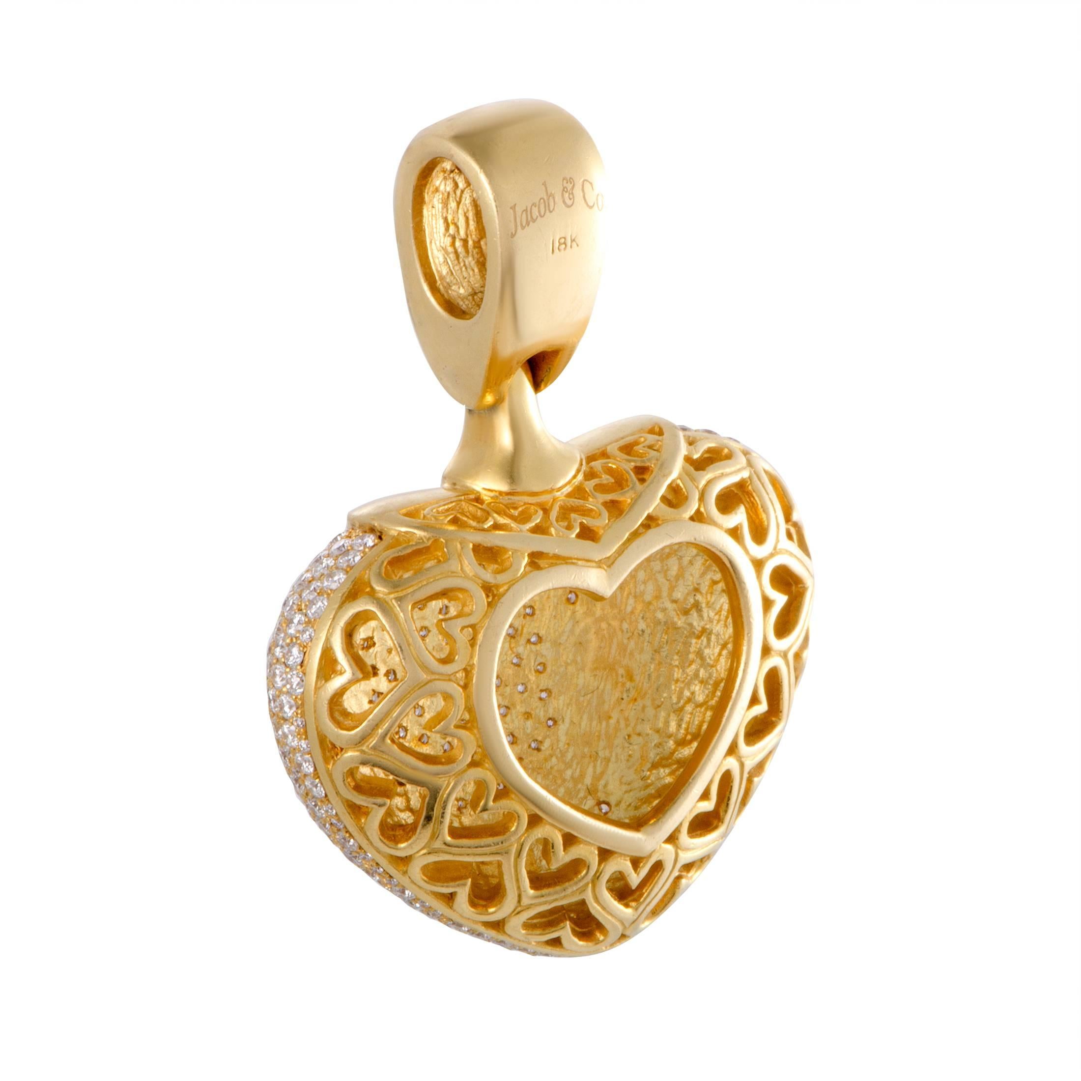 An embodiment of luxury in its most dazzling form, this stunning Jacob & Co. pendant features an exceptionally feminine design and fabulous diamond décor. The pendant is expertly crafted from classy 18K yellow gold and set with a plethora of nearly