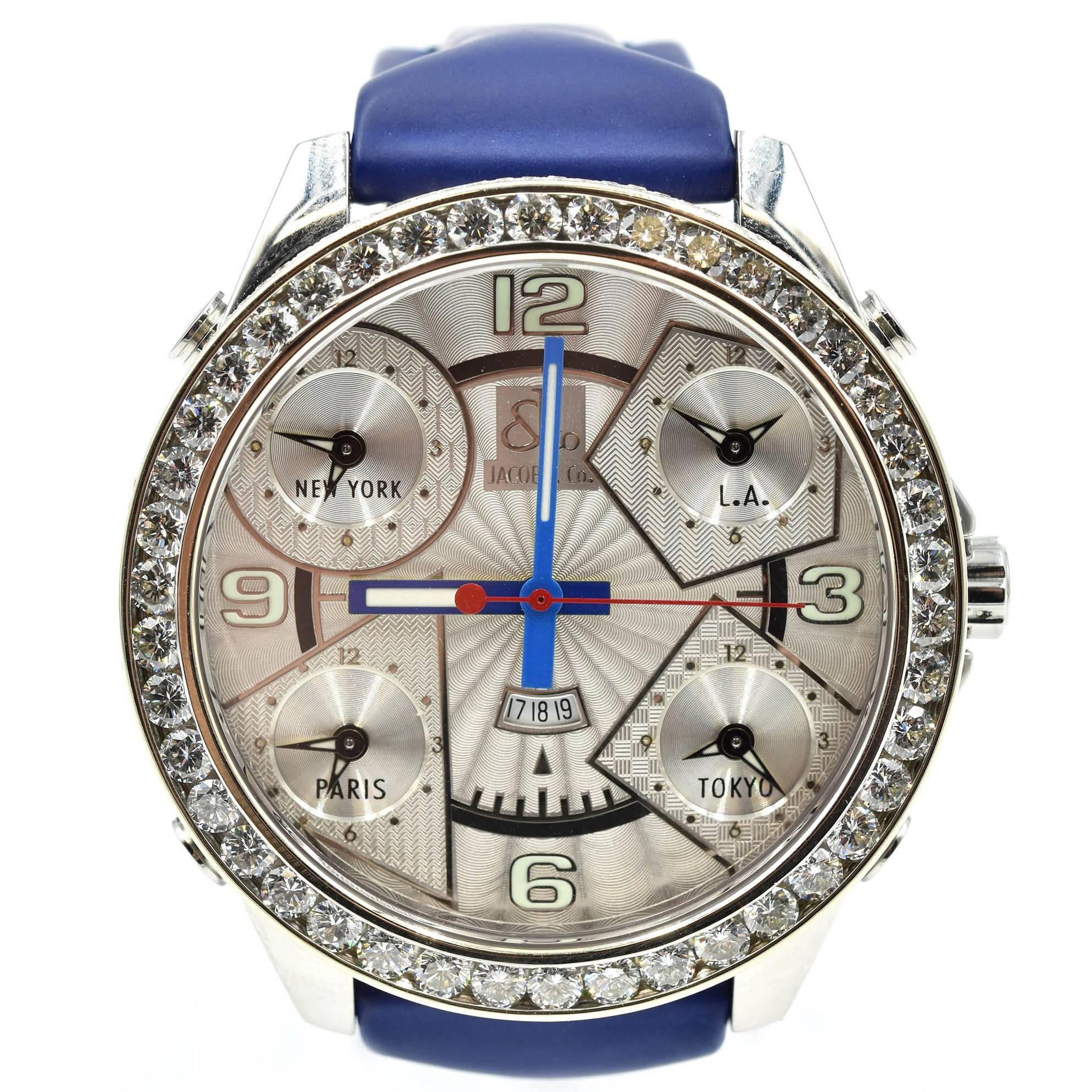 Jacob & Co. Stainless Steel Diamond Bezel Five Time Zone Quartz Wristwatch